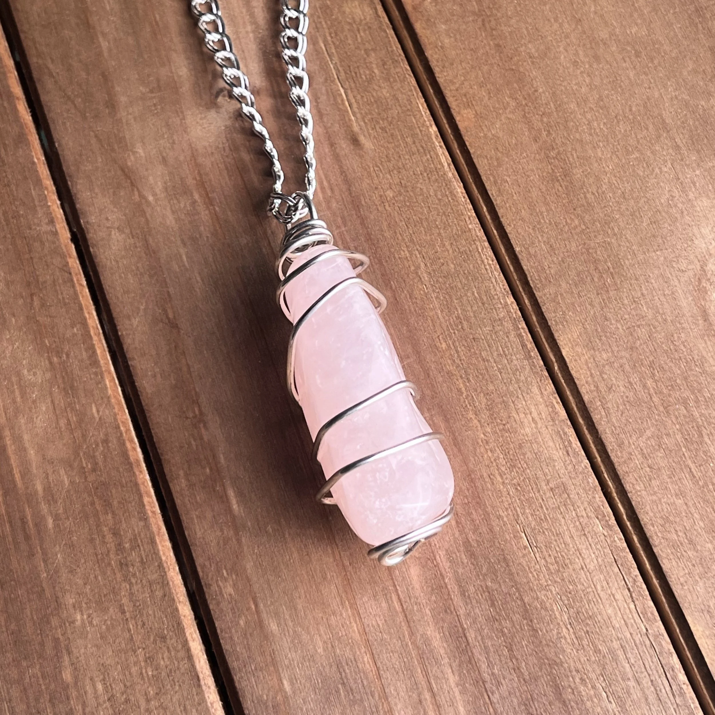 wire wrapped large rose quartz necklace
