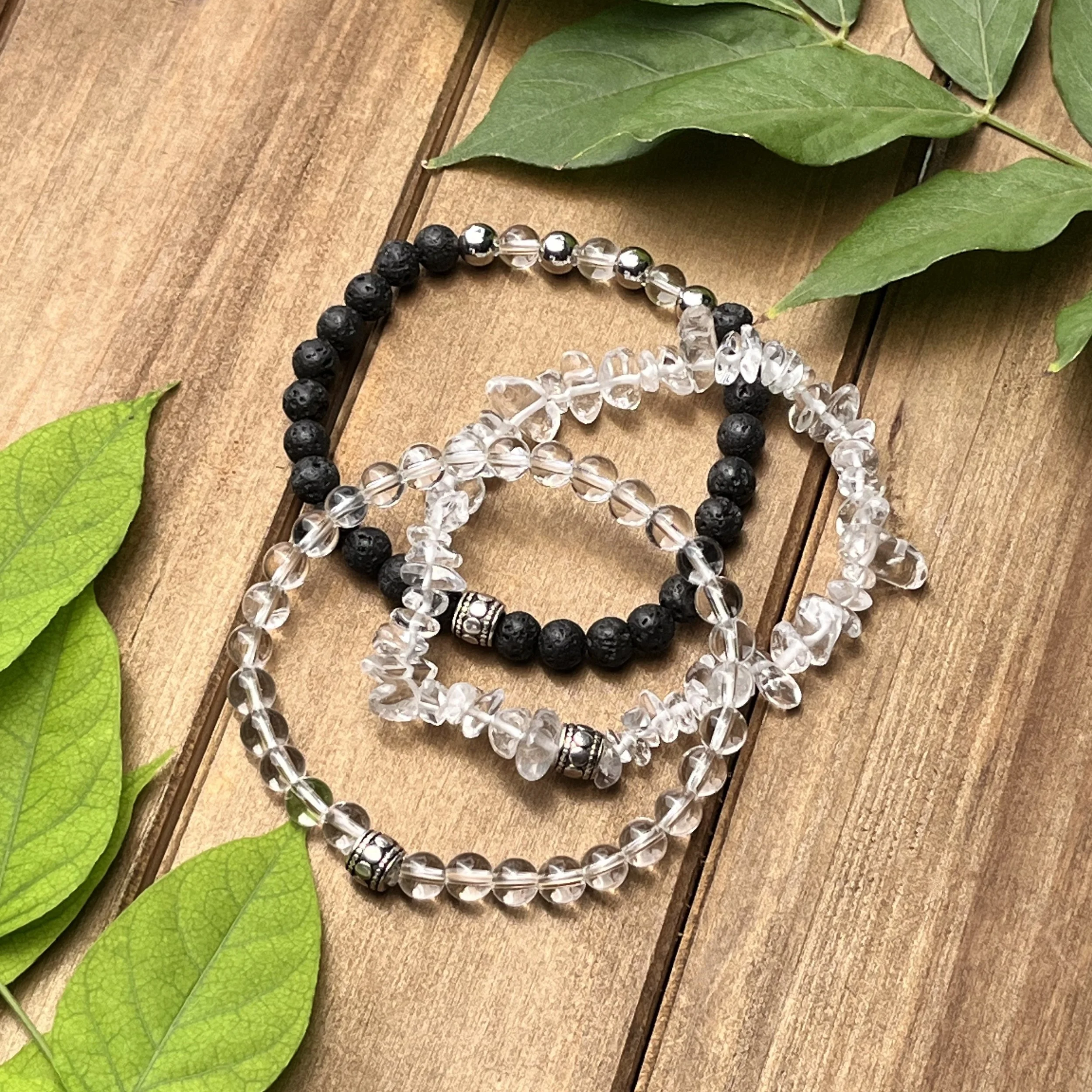 Crystal Quartz with Lava Stone bracelet set