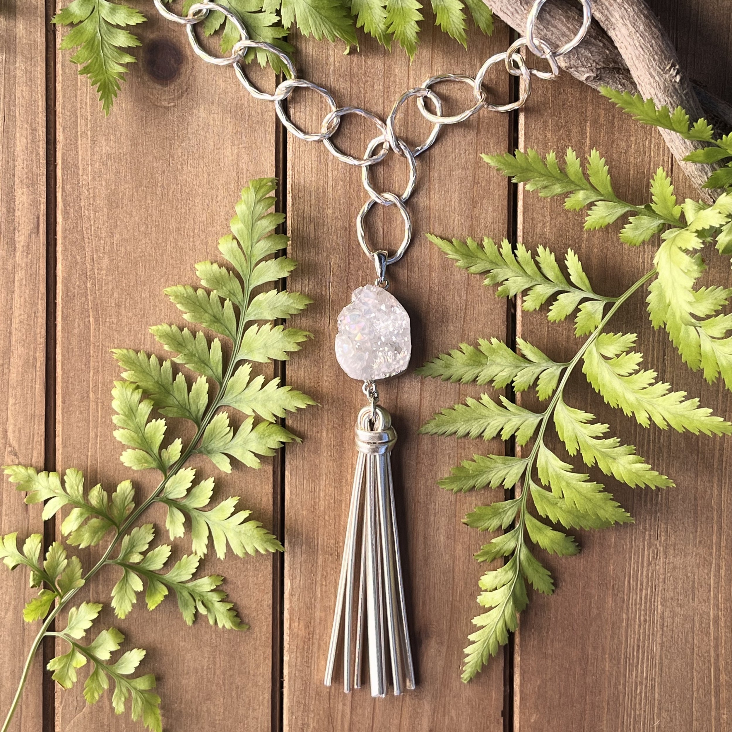 Druzy Quartz Tassel Necklace with Chunky Chain 24"
