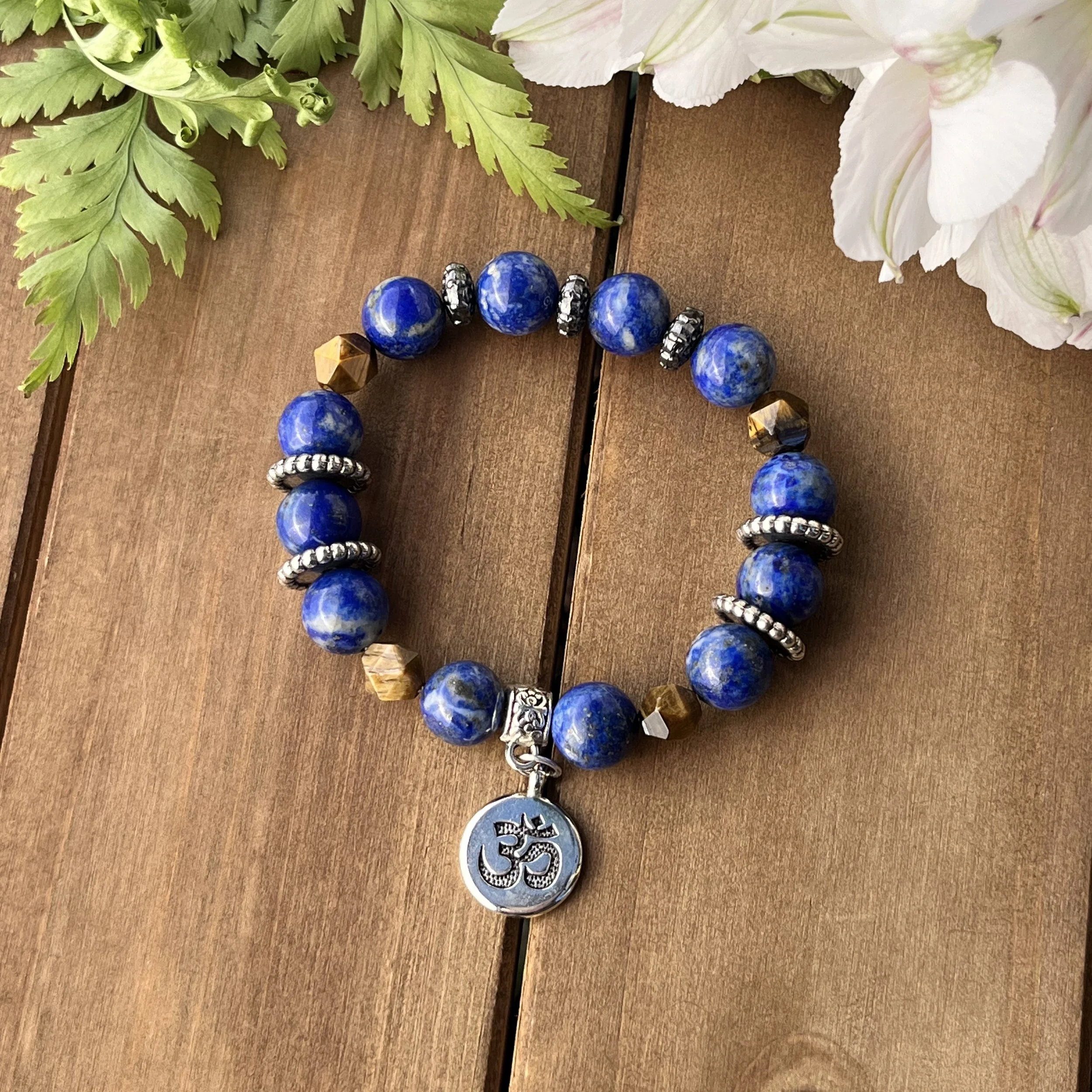 Lapis Lazuli with Tiger Eye Large Bead OM Bracelet for Empowerment