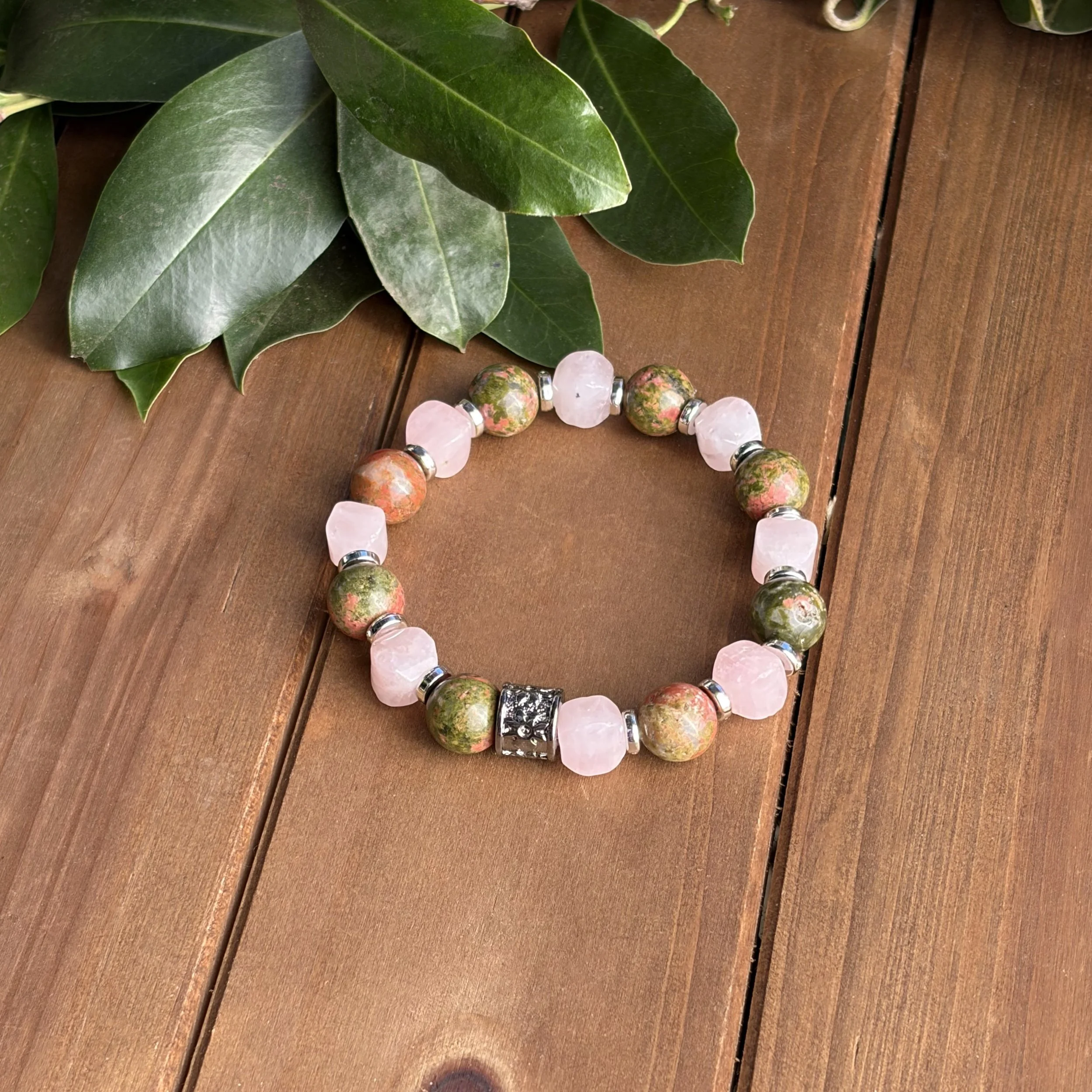 pink and green gemstone bracelet