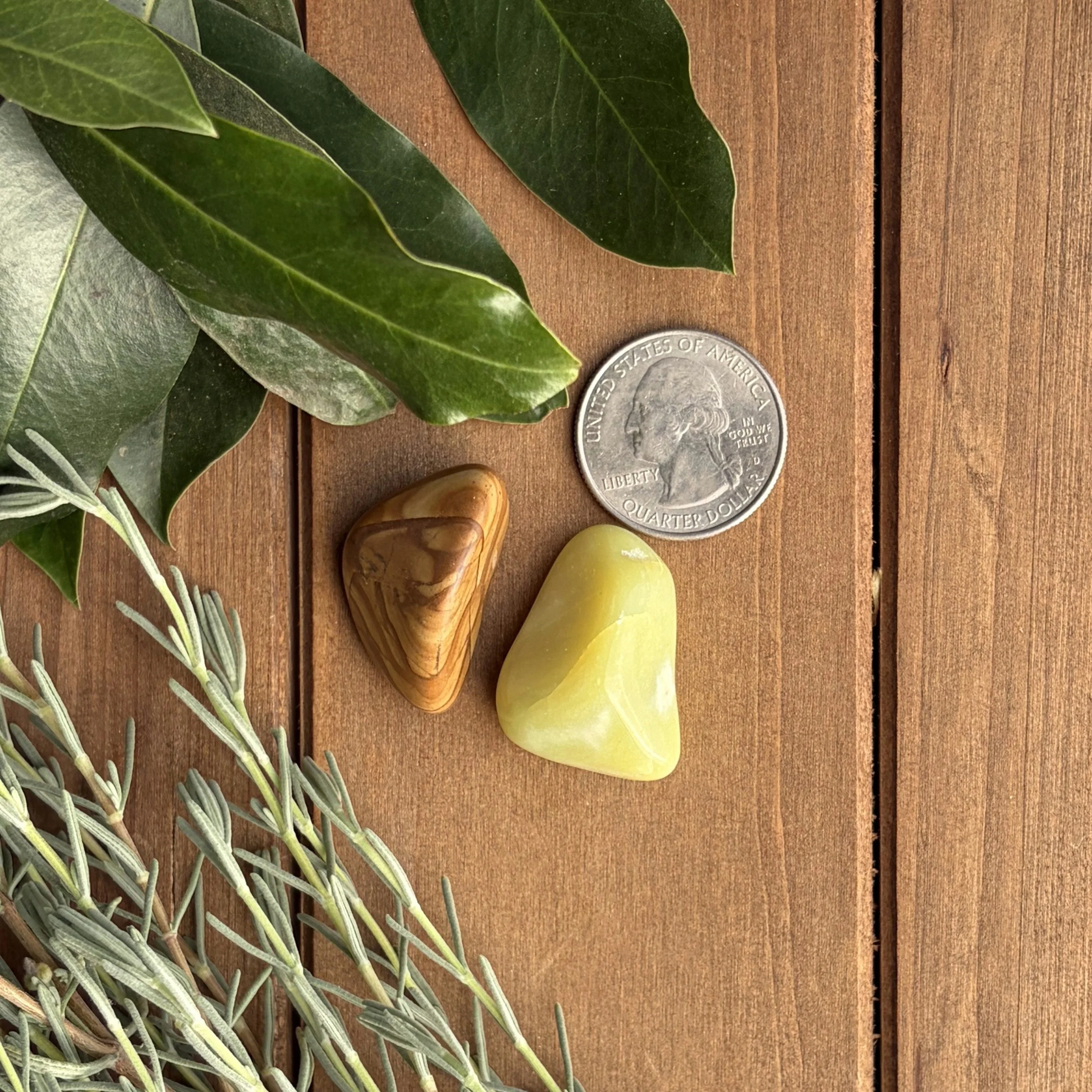 green and brown tumbled gemstones