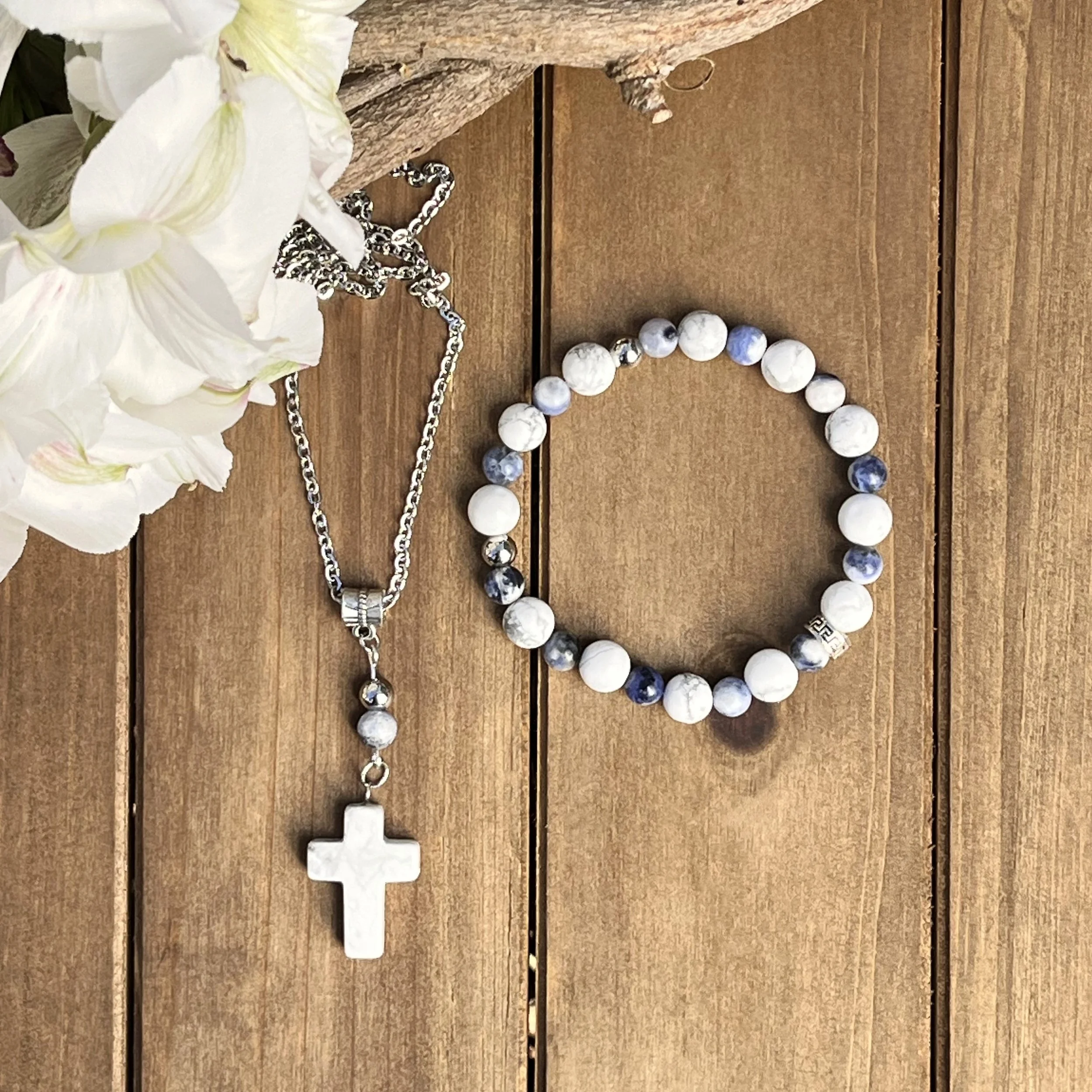 White Howlite with Sodalite Cross Necklace and Bracelet Set