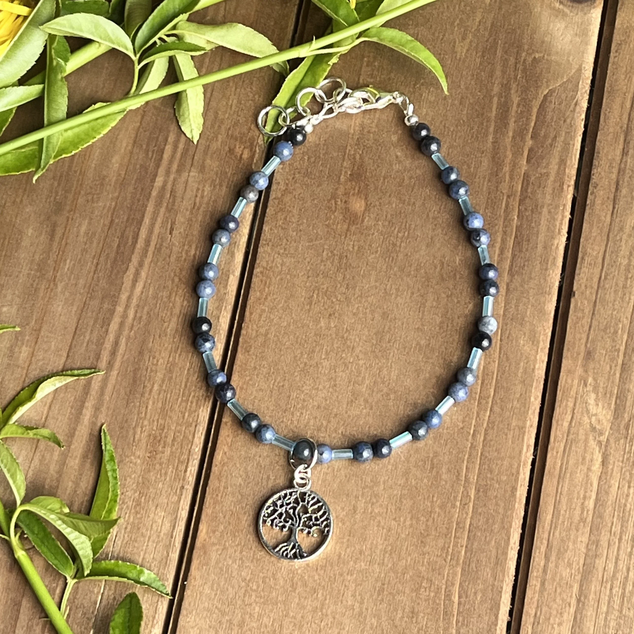 blue gemstone anklet with tree of life