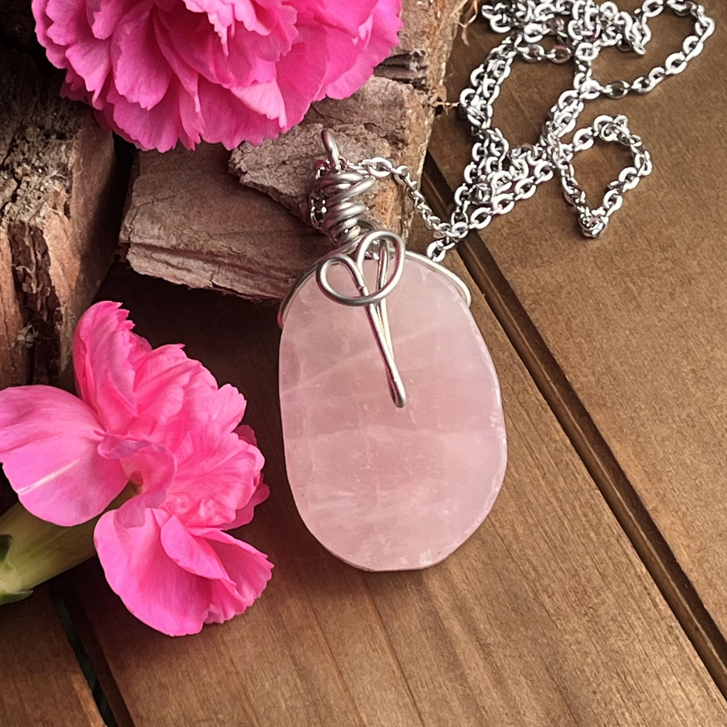 Rose Quartz wire wrapped necklace with heart