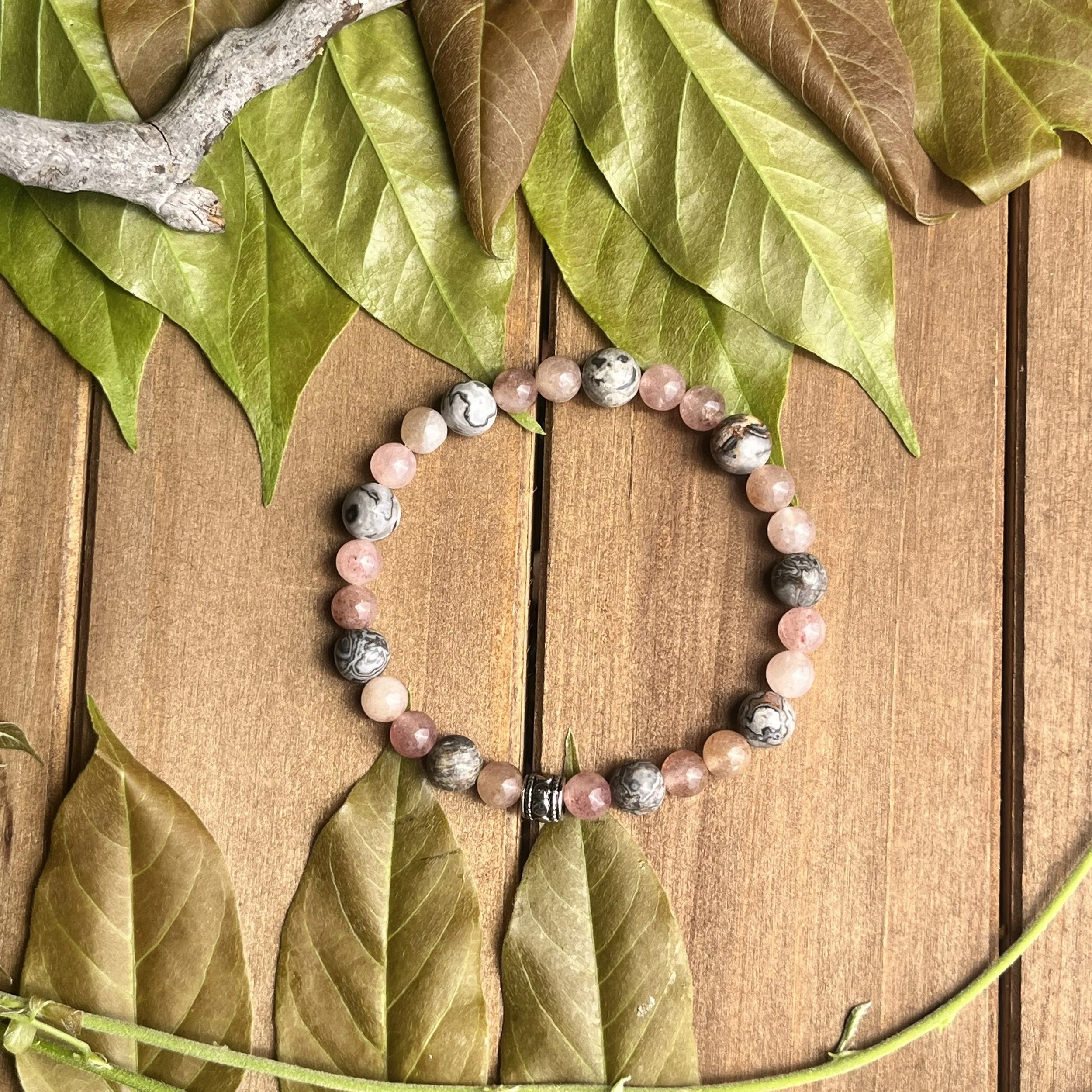 Black Picture Jasper with Strawberry Quartz Bracelet for Spiritual Blessings