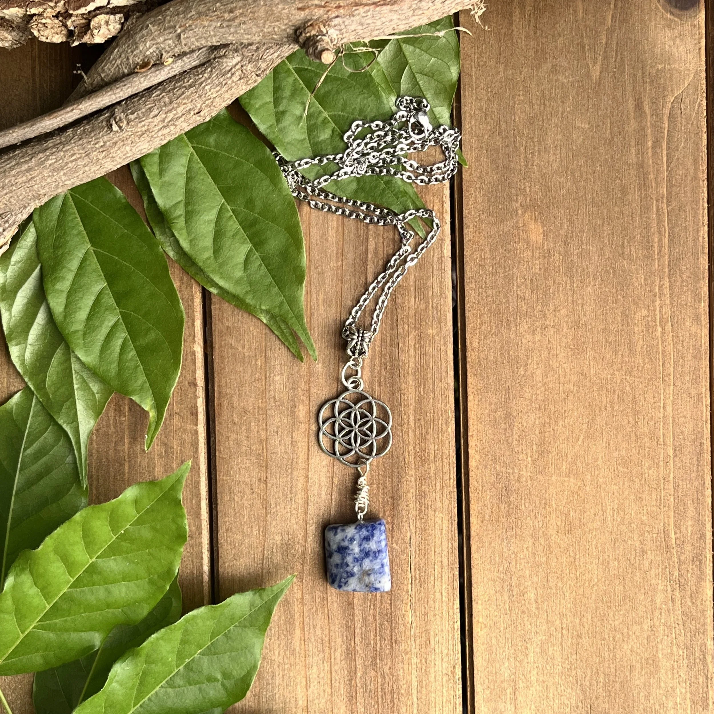 Sodalite Flower of Life Necklace for Throat Chakra Healing