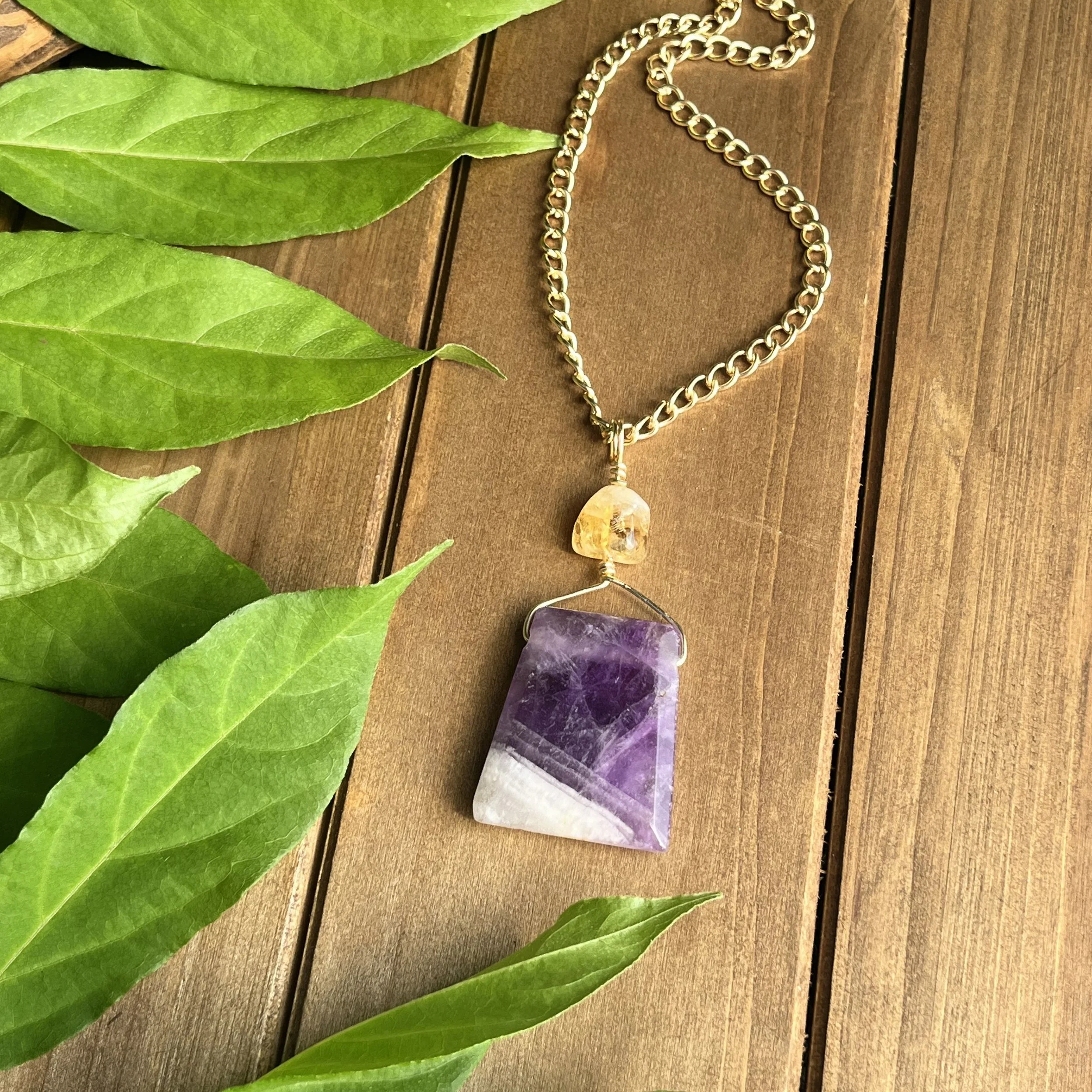 Amethyst and citrine wire wrapped necklace
