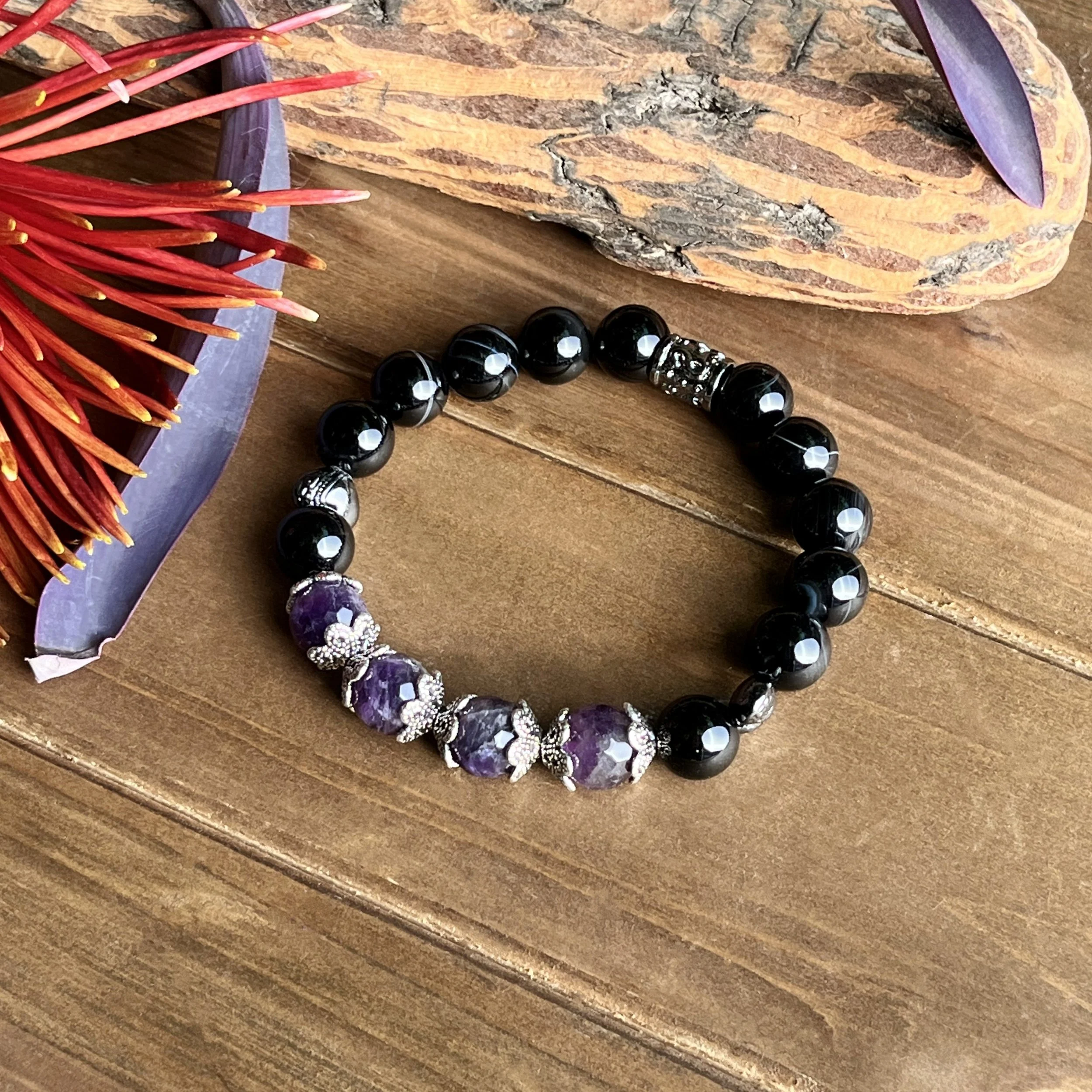 Amethyst with Black Agate and Hematite Large Bead Bracelet for Elegance