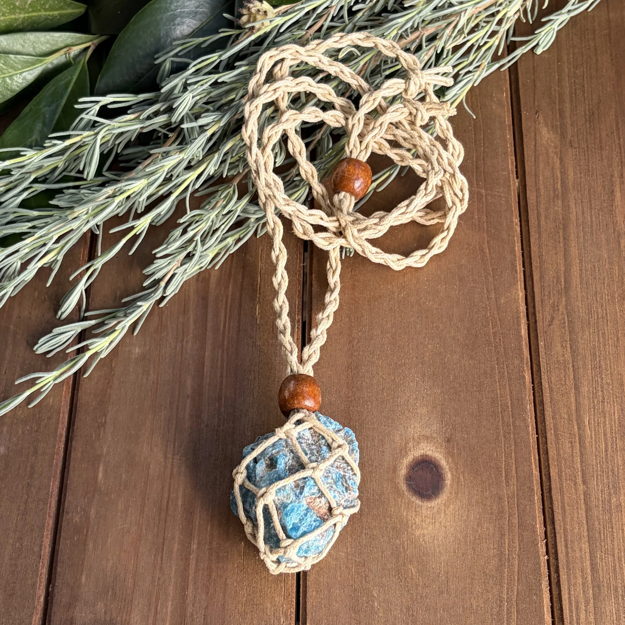 Blue Apatite Macrame Necklace with Large Rough Crystal