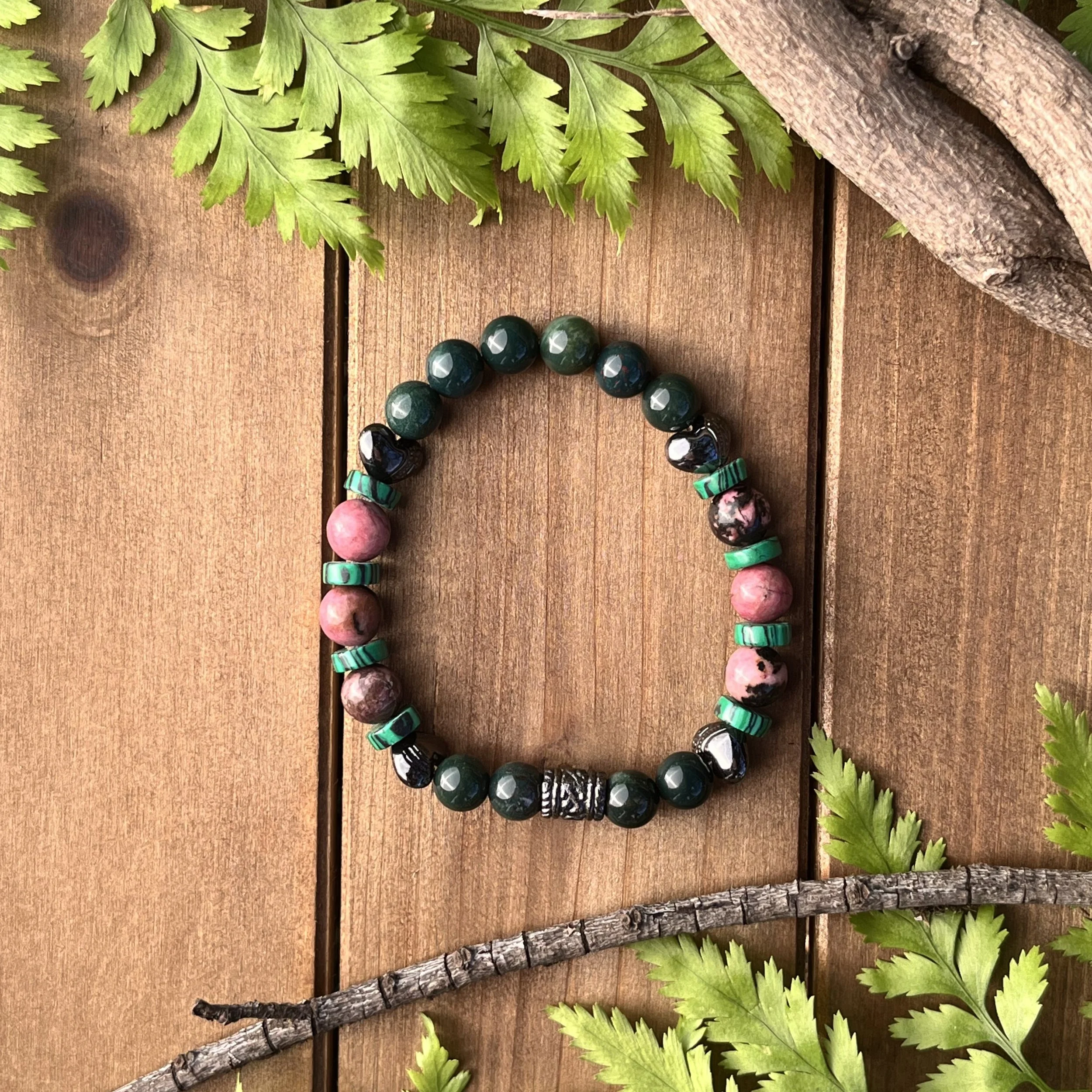 Rhodonite with Malachite and Bloodstone Bracelet for Emotional Recovery