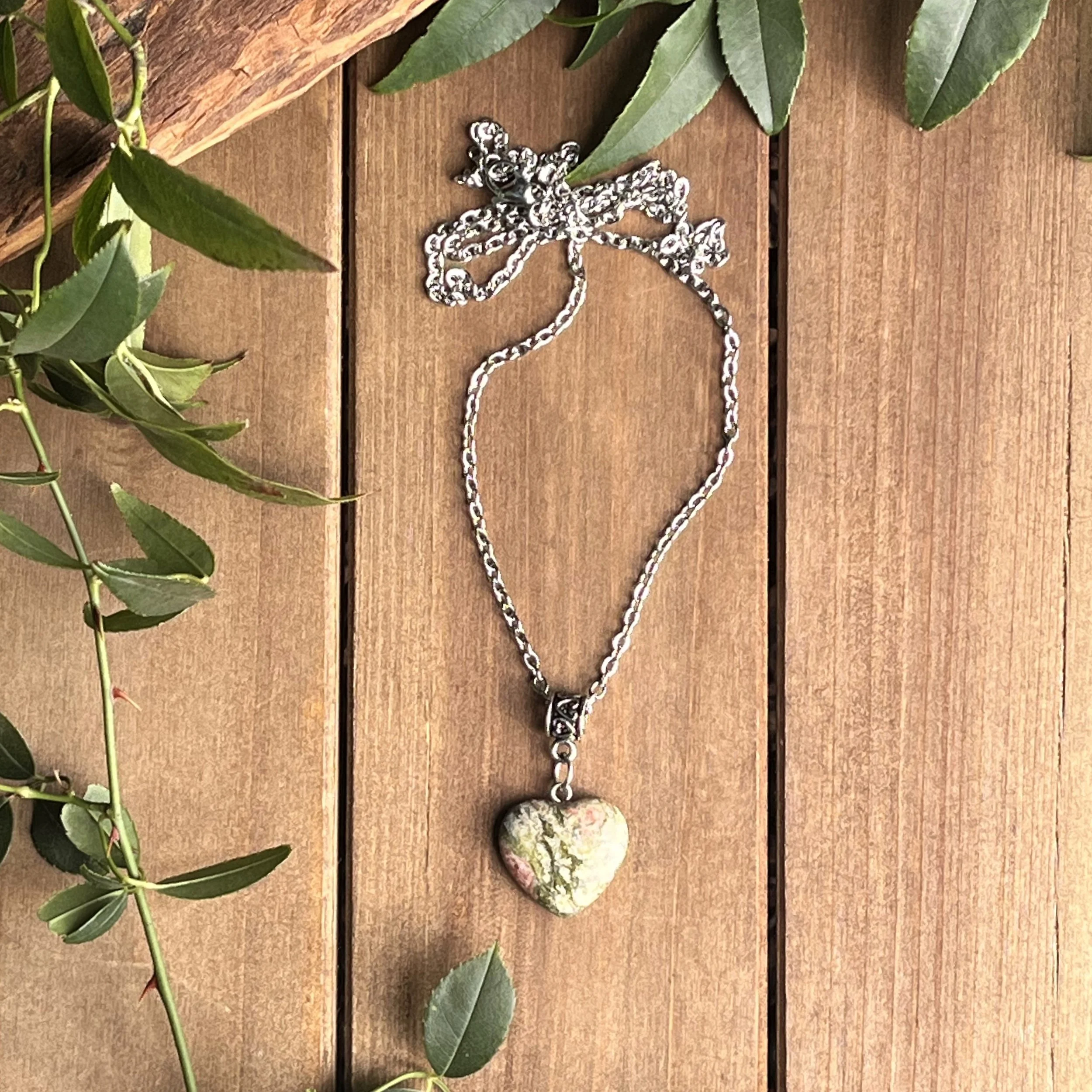 Unakite Jasper Heart Necklace for Emotional Healing