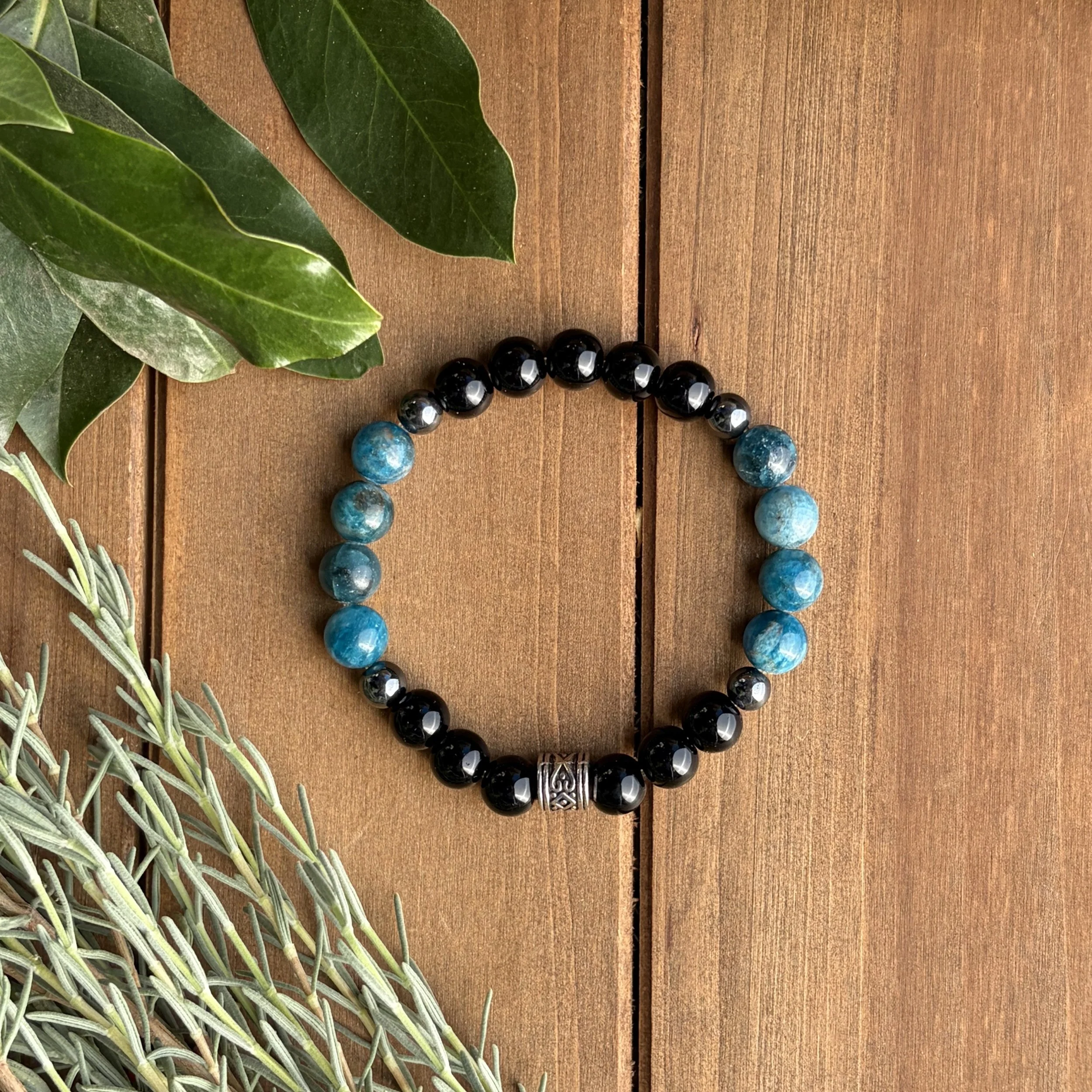 Blue Apatite with Onyx Bracelet for Protection and Positivity