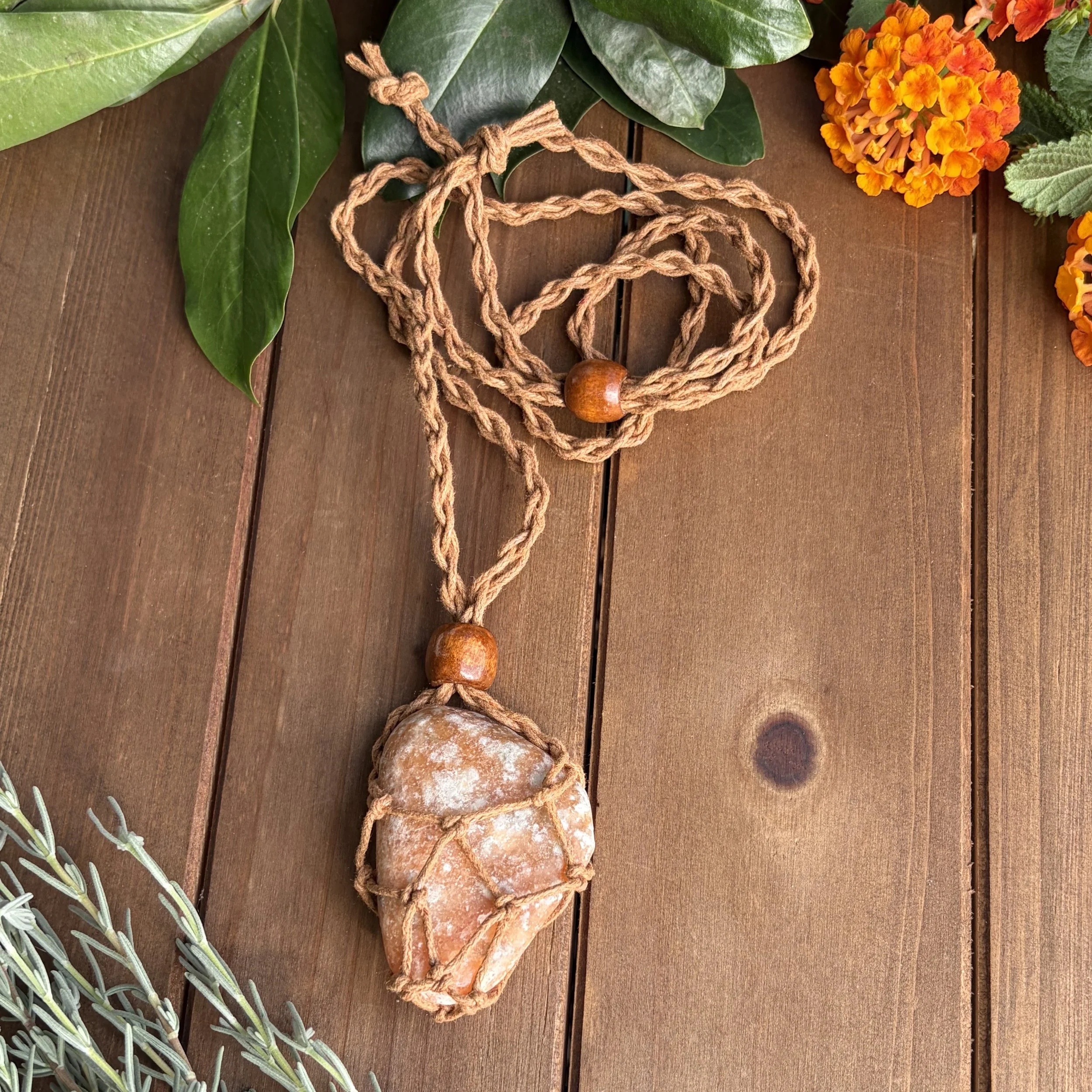 Sunstone Macrame Necklace with Large Tumbled Crystal