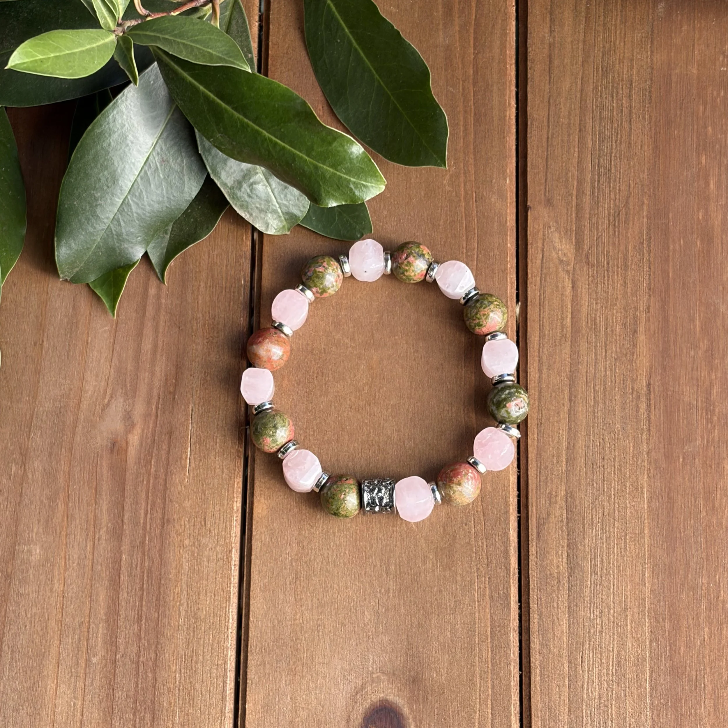 Unakite Jasper with Rose Quartz Large Bead Bracelet for Heart Chakra Healing
