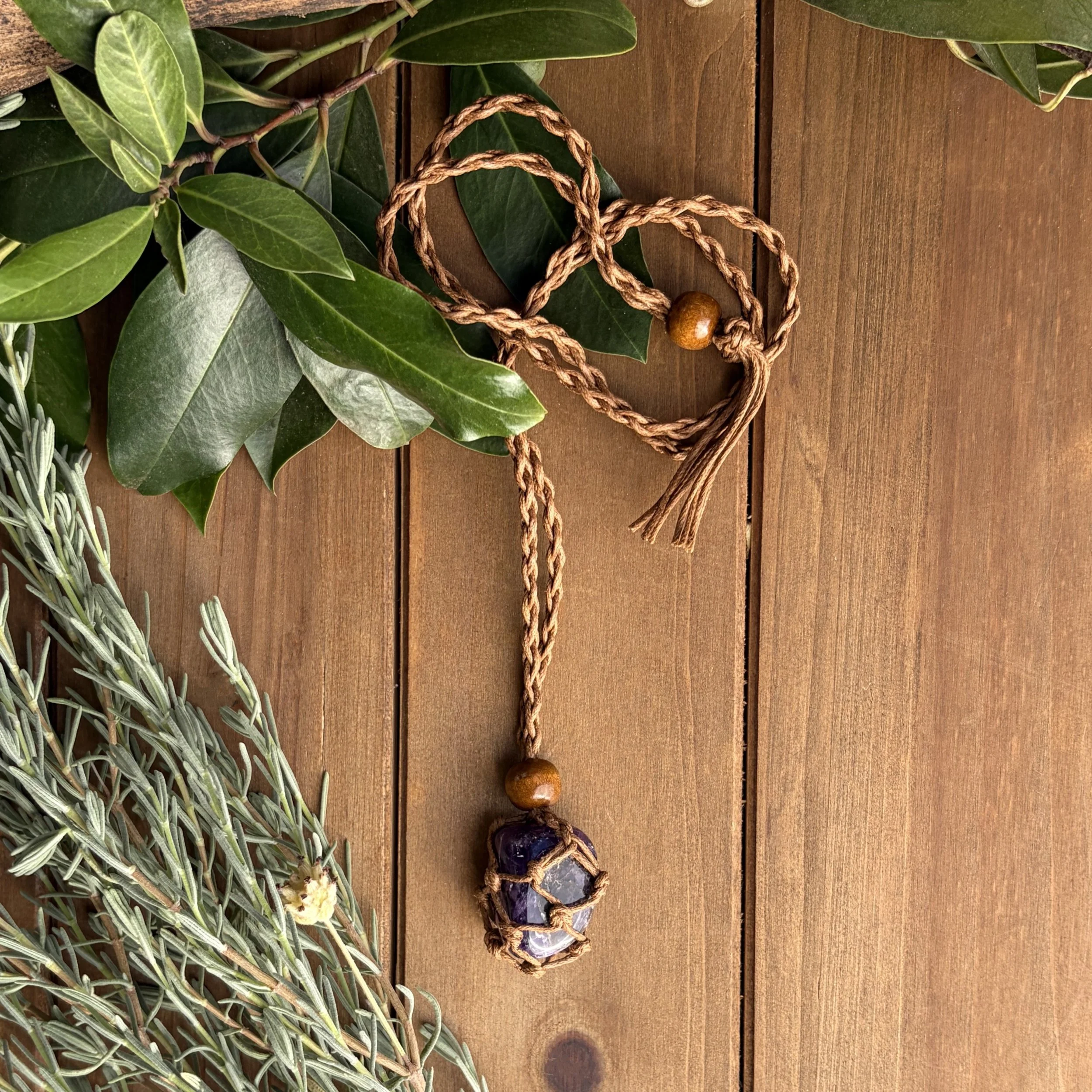 Amethyst Macrame Necklace with Small Tumbled Crystal