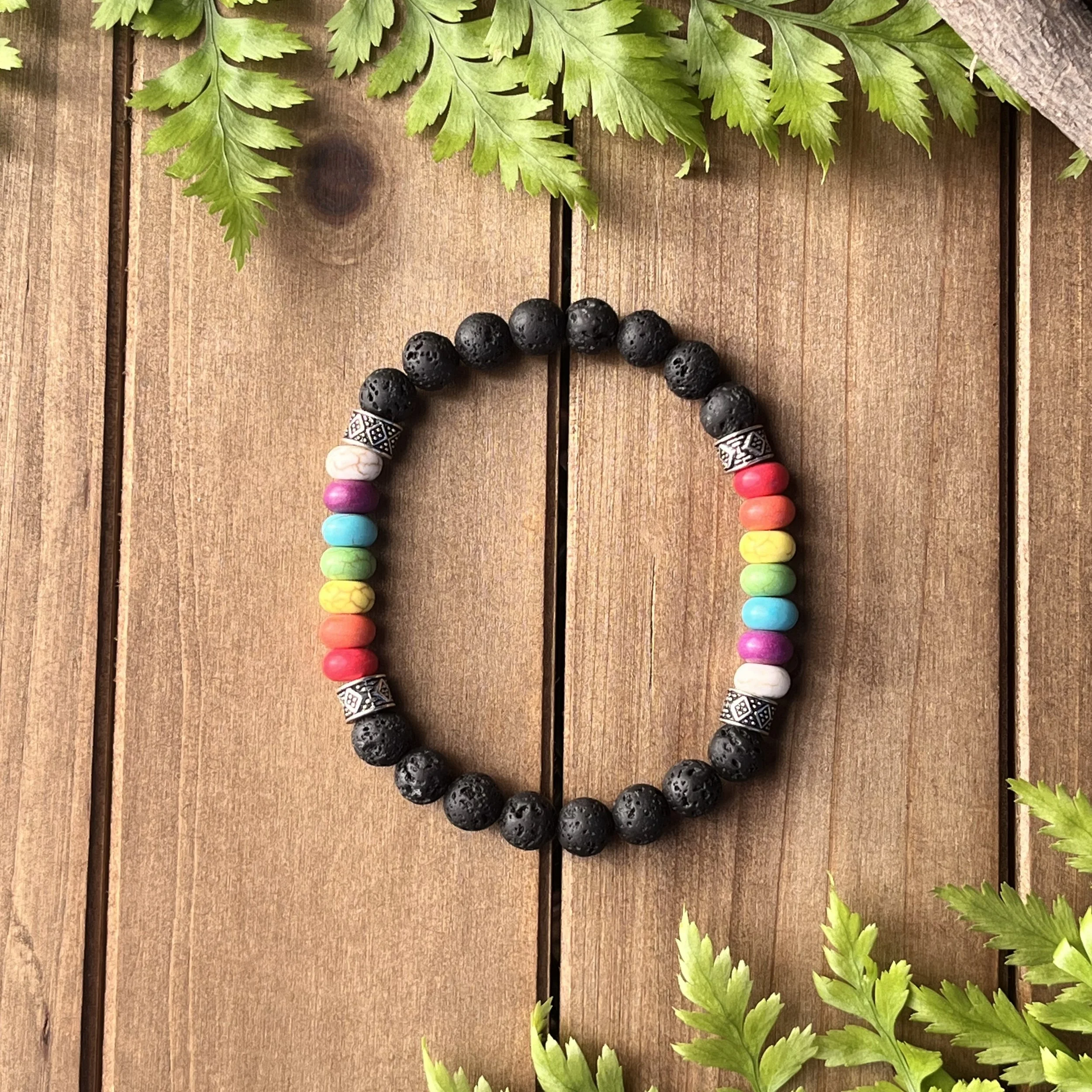 Rainbow Howlite Chakra Bracelet with Lava Stone (Large)