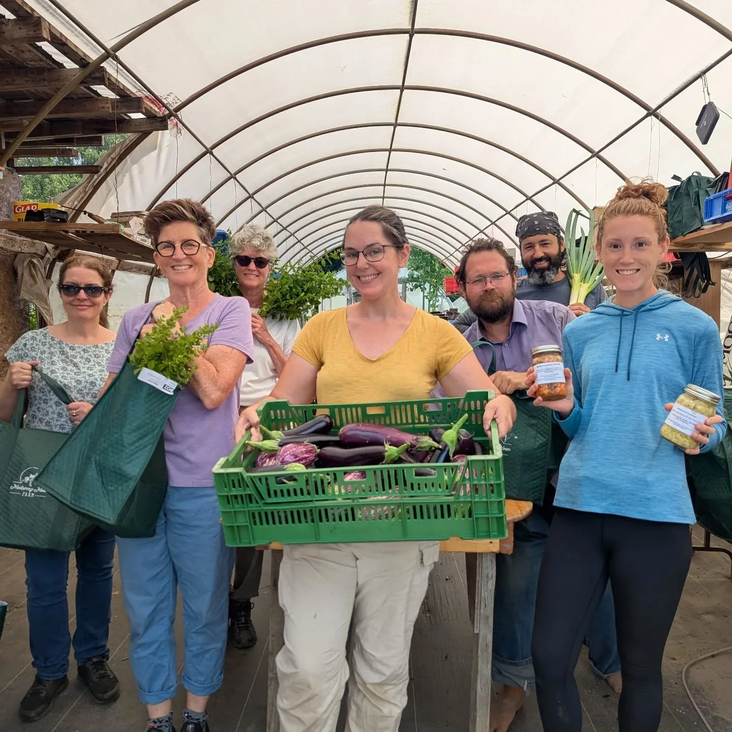 The veggie packing crew! Our store is stocked for the long weekend, wholesale orders are ready to get delivered,and we are finishing up packing over 100 bags for our weekly Farm Share members. Takes a lot of people to farm on this scale, and we're lu