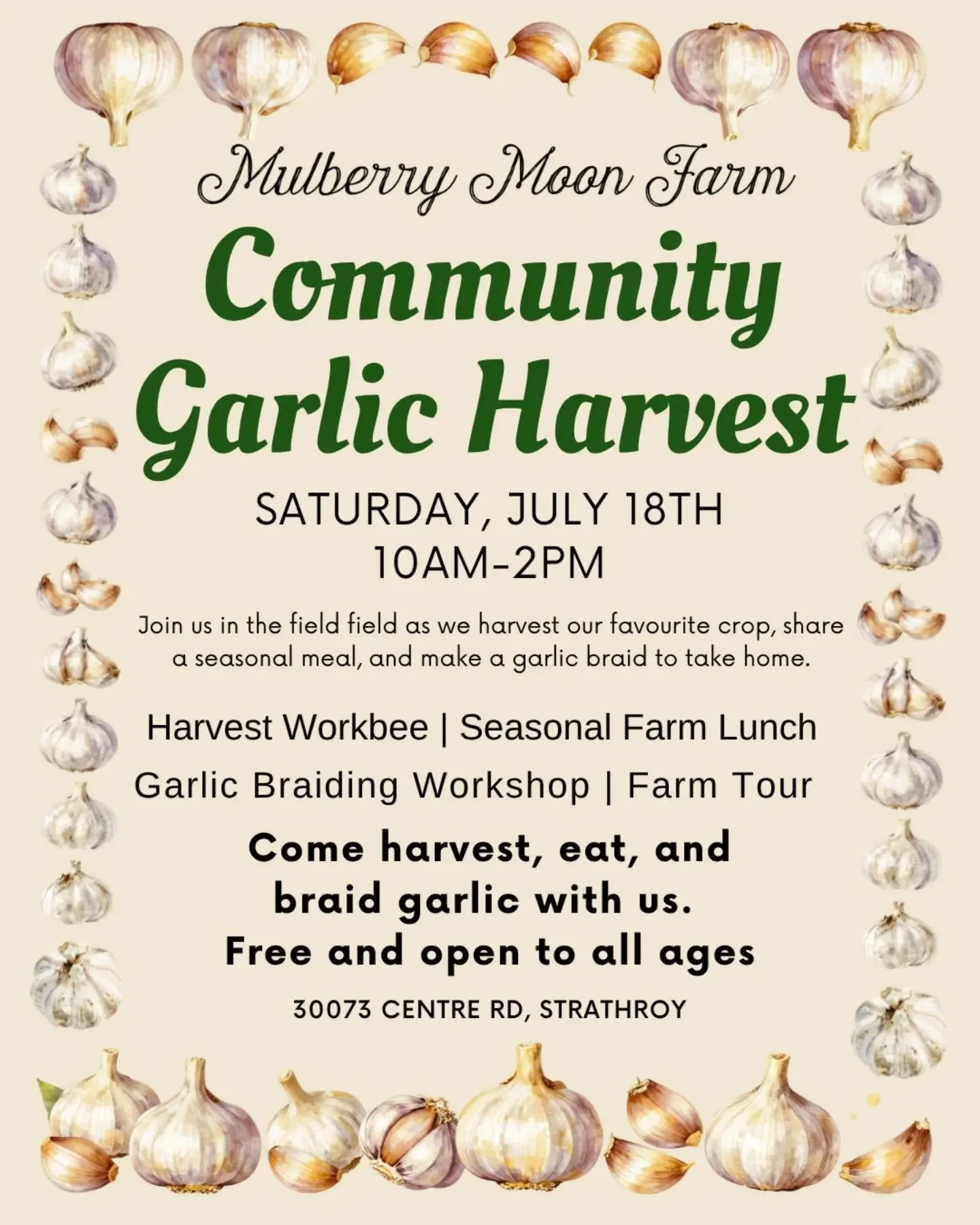 🧄Come and spend some time connecting with the land next Saturday. We'll harvest our garlic crop, share lunch outside, and make a garlic braid to take home.🧄

Itinerary:

Farm Tour: 10am-11am
Harvesting: 11am-12pm
Lunch: 12pm - 1pm 
Garlic Braiding: