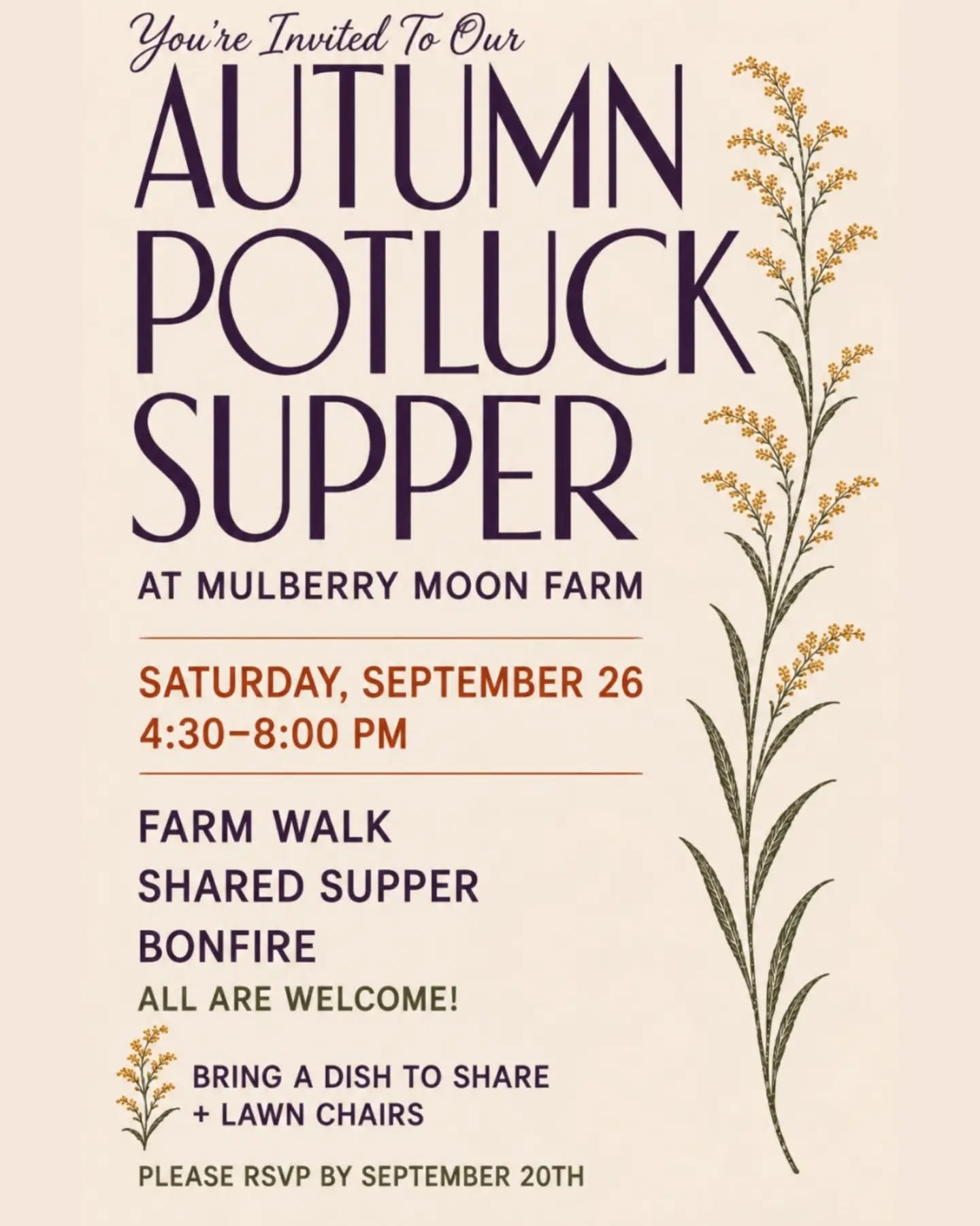 Let's get together, share a meal under the open sky, and celebrate everything the warm season has given us. You are invited! All you need to do is bring a dish to share and let us know that you plan to be there. We'll take care of the rest. RSVP link