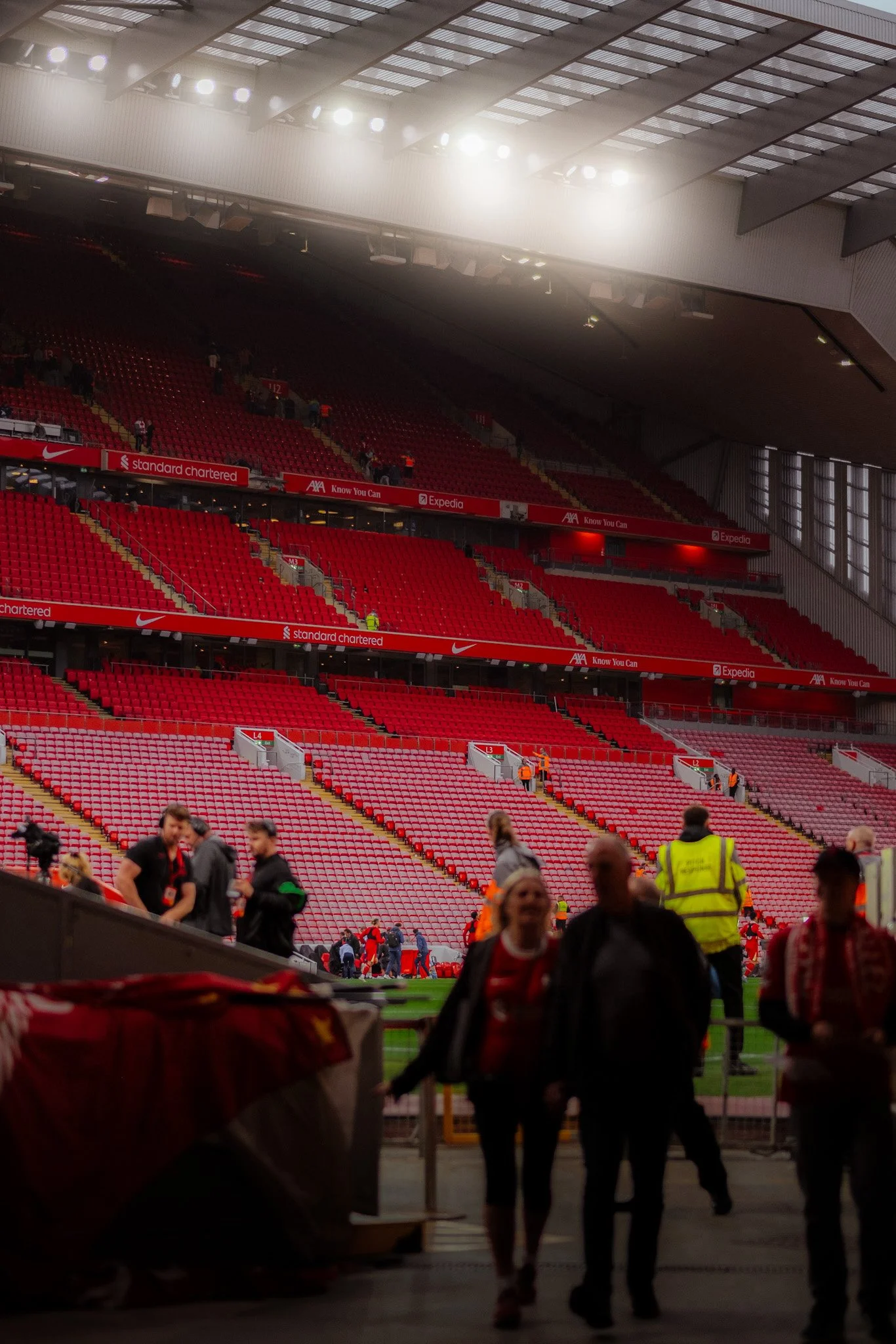 Anfield Stadium wide shot — empty or quiet Liverpool FC ground, architectural photography