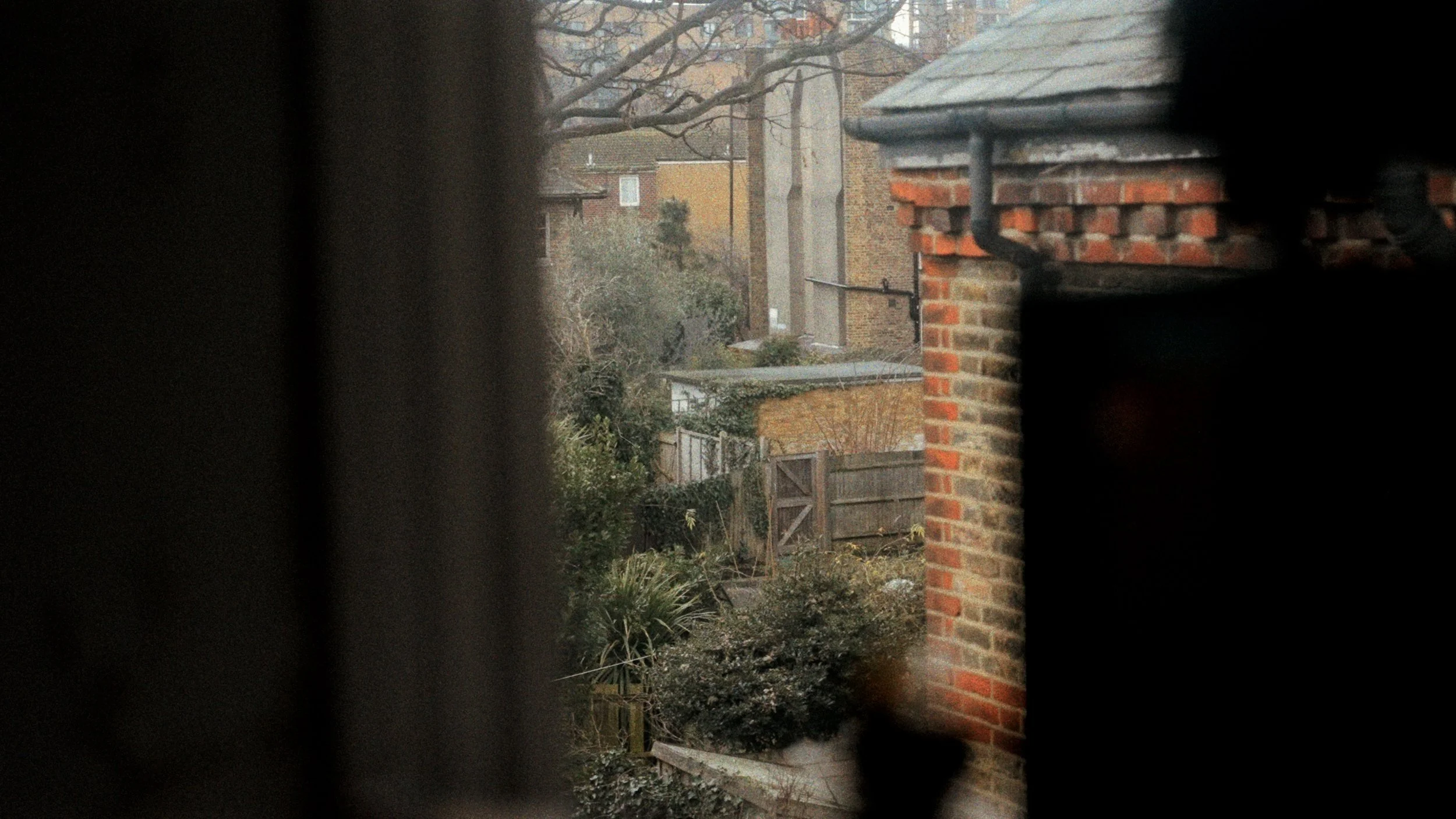 View through a window to a brick-walled back garden — architectural photography