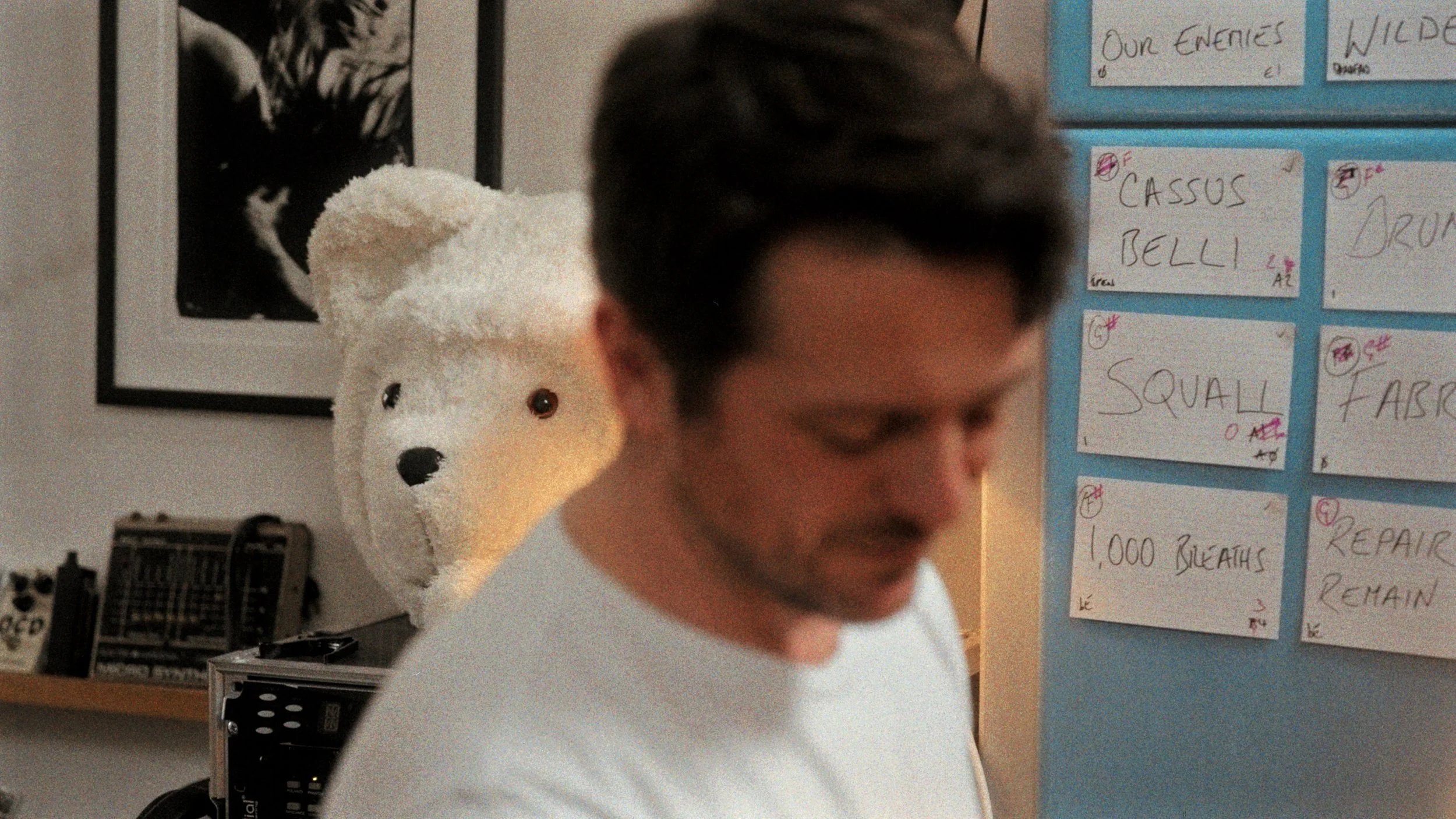 Man with teddy bear mascot — creative portrait in home studio, Liverpool