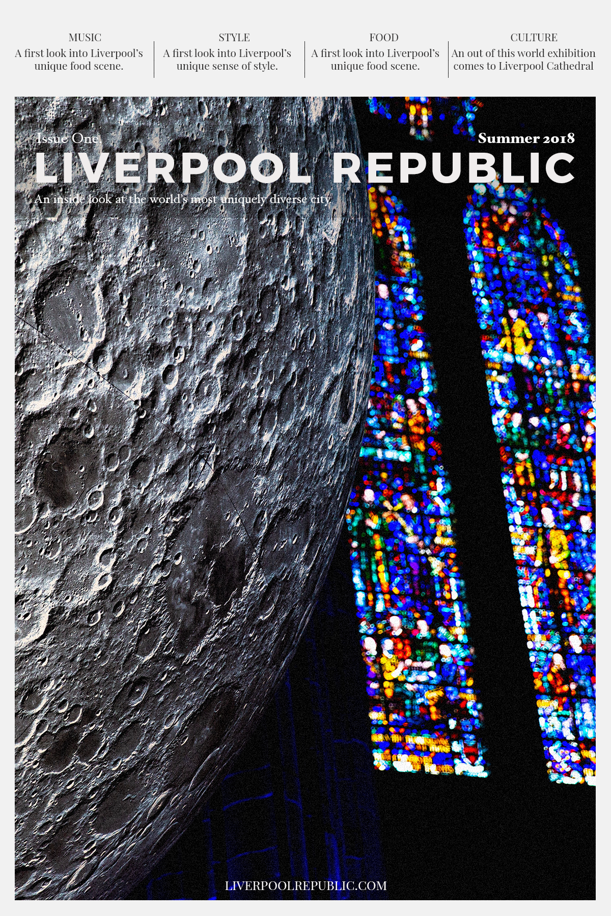 Liverpool Republic fanzine cover design — graphic design with moon and stained glass artwork