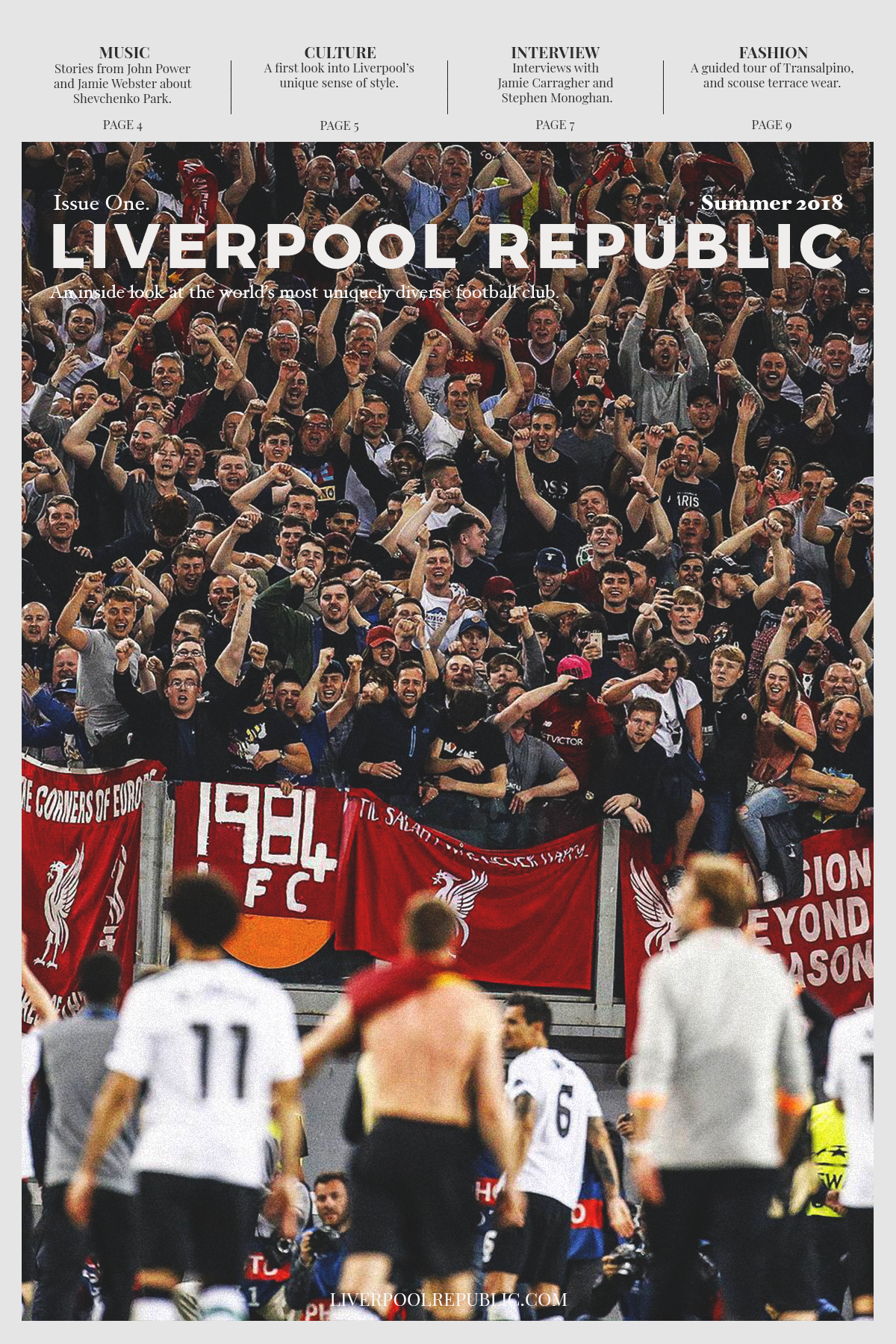 Liverpool Republic fanzine spread — football fans and stadium photography, graphic design