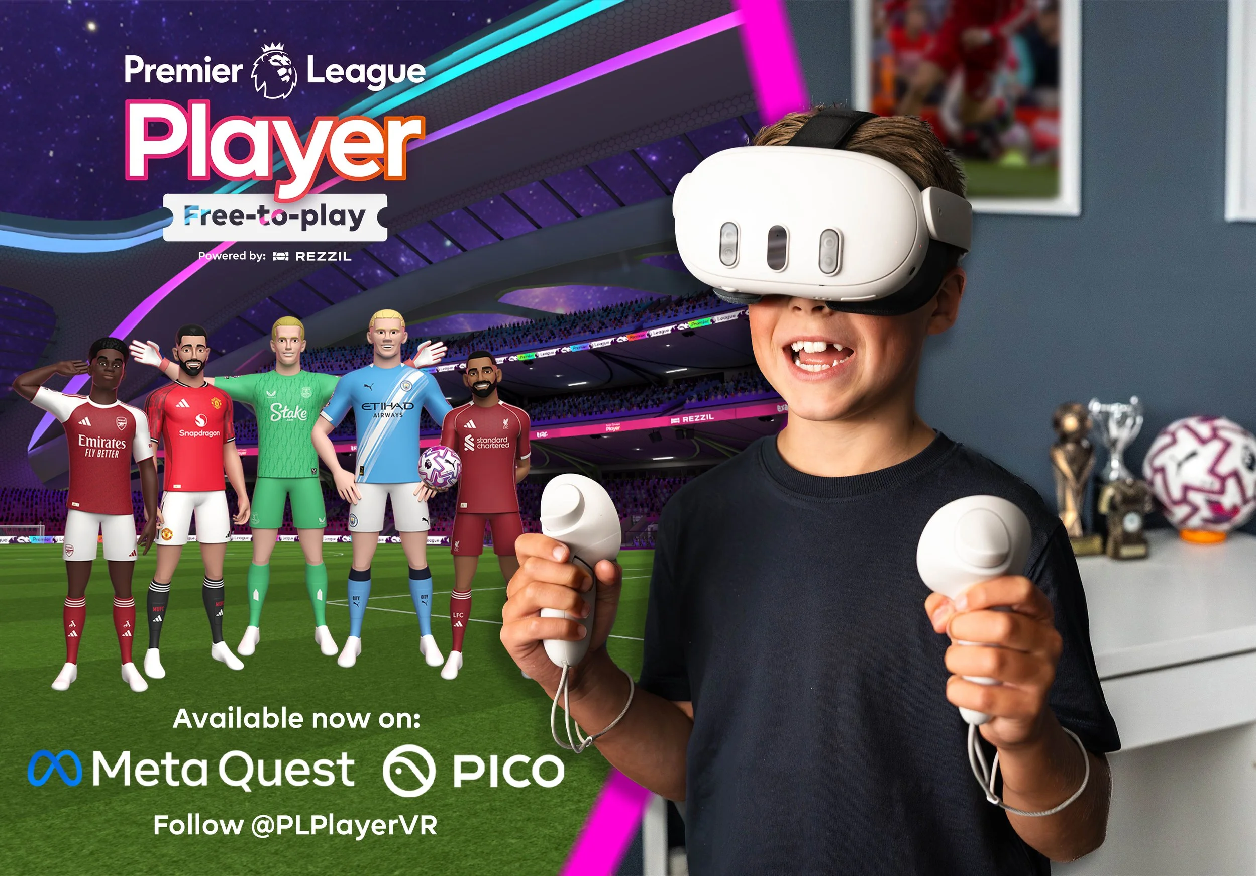 Premier League Player VR game — commercial product photography with Quest and PICO headset