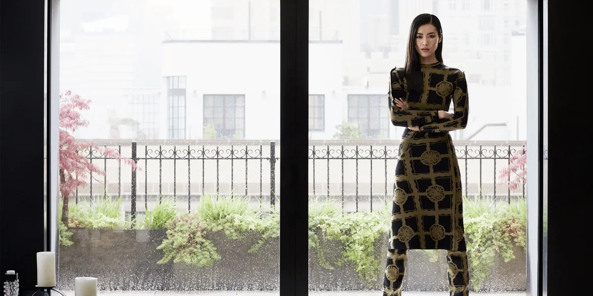 Liu Wen is wearing a Céline dress, trousers and shoes. Image: Russell James