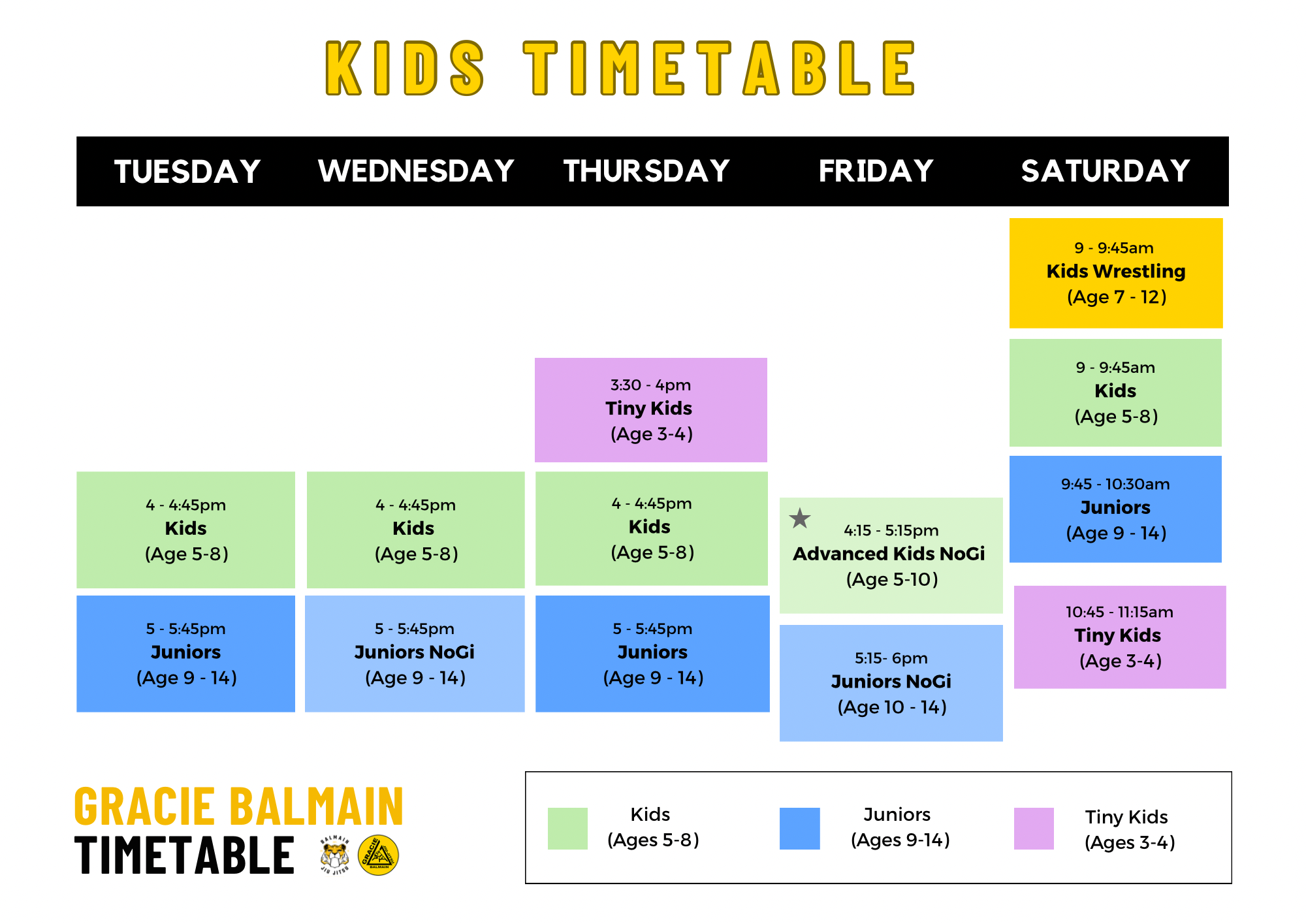 Weekly times for our kids and Juniors program classes