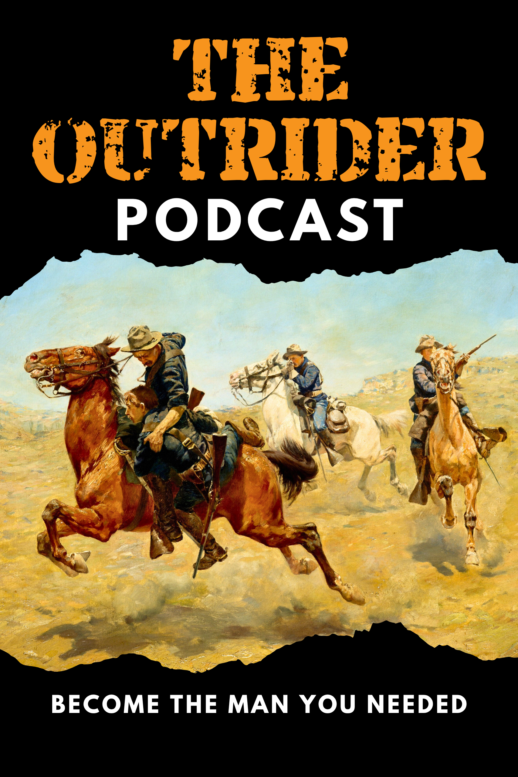 The Outrider Podcast with the painting, My Bunkie. A cavalry scene where a downed rider is being rescued.