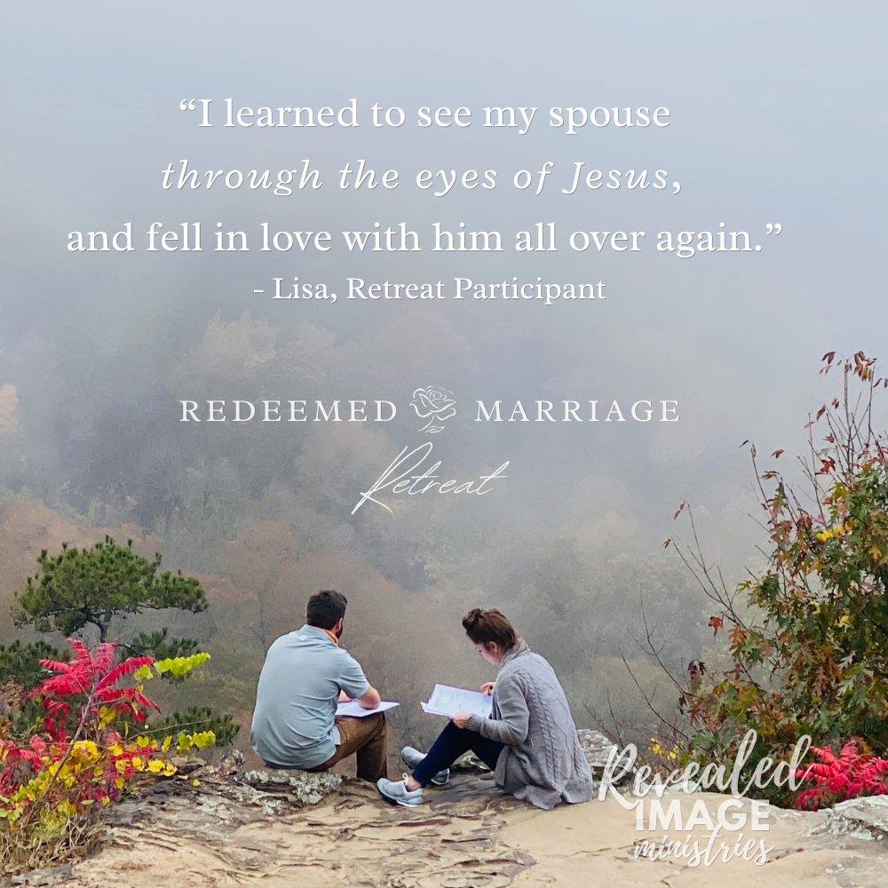 Couple at marriage retreat sitting on bluff overlook.