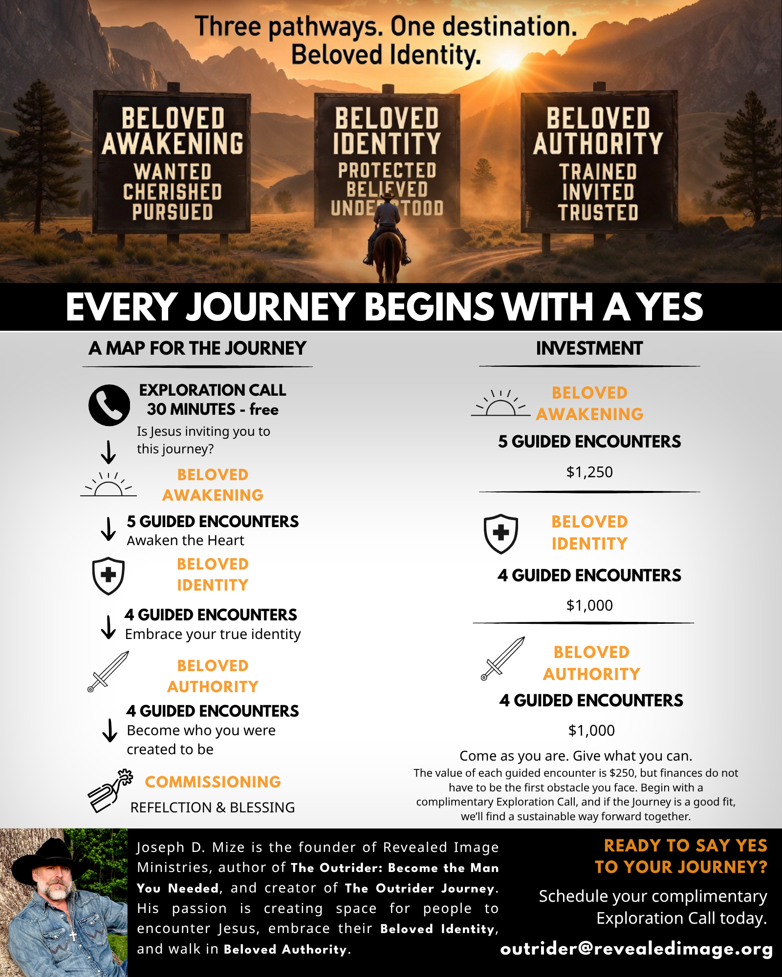 A promotional flyer for a spiritual journey or exploration. The background features a scenic mountain landscape with a person on horseback looking towards sunrise. The flyer highlights three pathways: Beloved Awakening, Beloved Identity, and Beloved Authority, each with guiding principles and encounters. It also includes contact details for scheduling a complimentary Exploration Call.