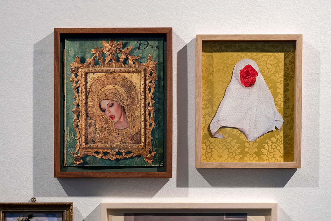 Ma -aah- ria, 2018 Papier, Pigmente & Planatol, 38 x 30 cm, gerahmt 1950.— // Malala, 2016, Seidentapete, Papier & Planatol, 33,6 x 26,6 cm, gerahmt 1700.—