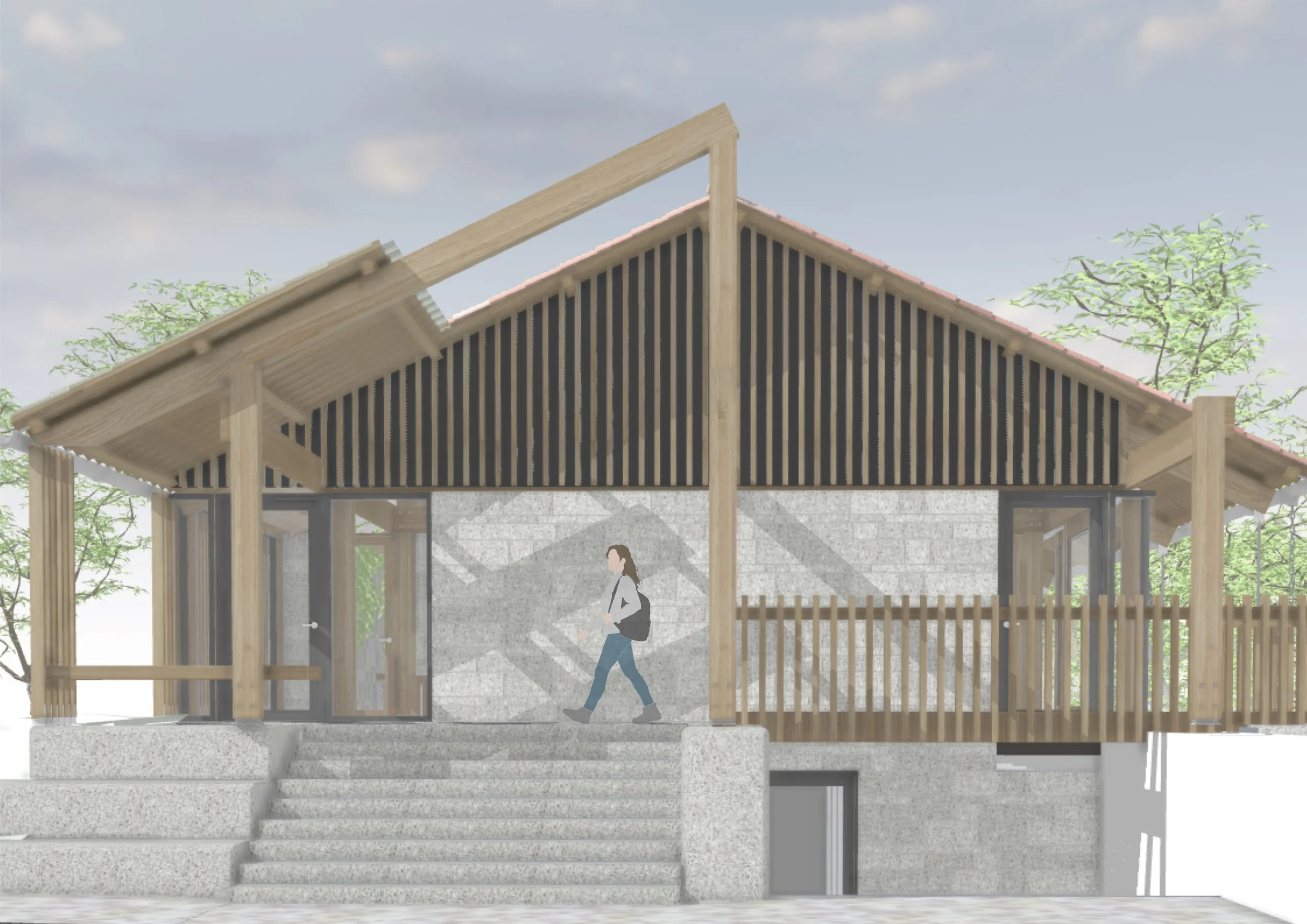The level change between mill and spa is managed with steps leading to spa entrance.