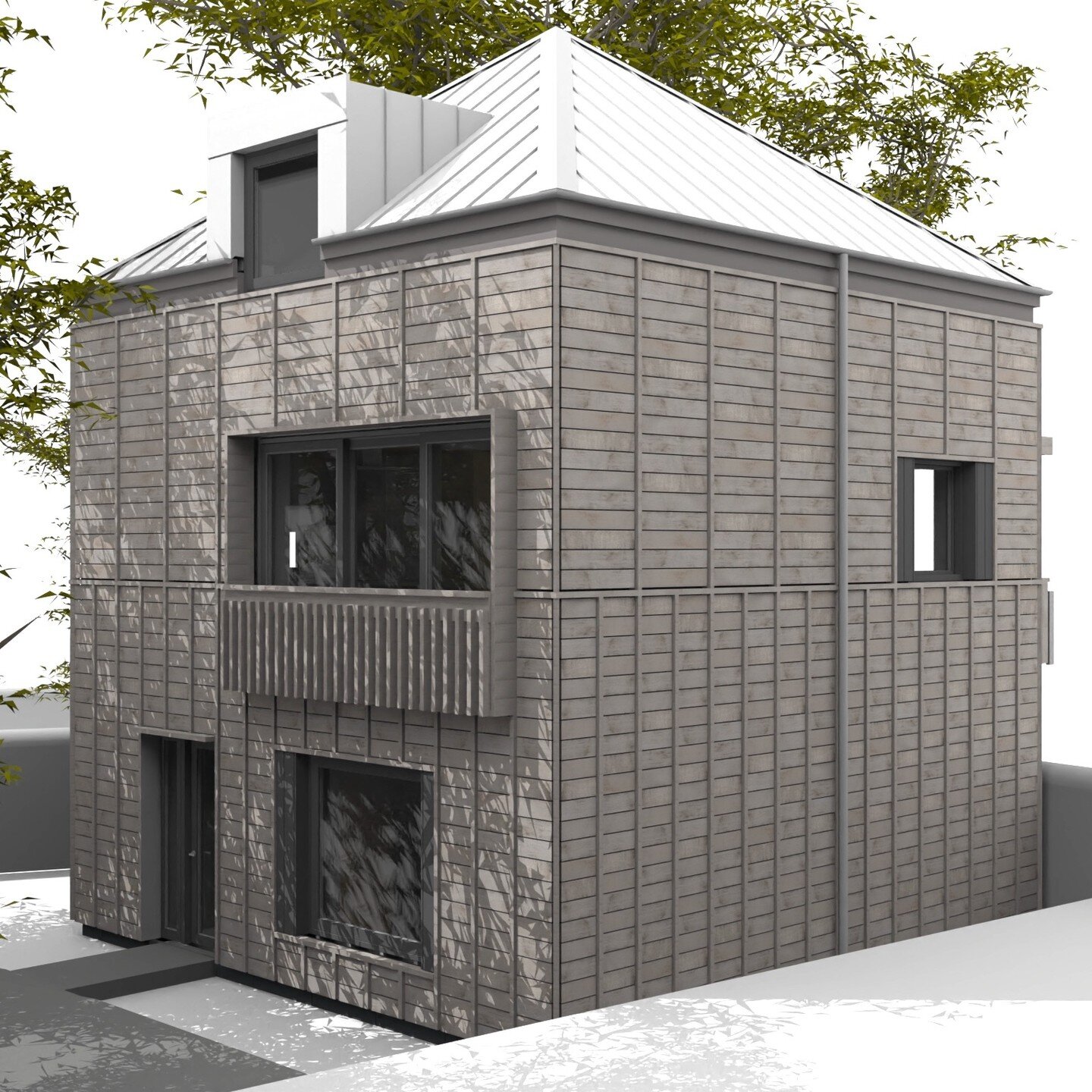 A compact house design for a tight garden plot. Form and construction have been considered to minimise heat loss. Materials and siting have been considered to minimise ecological impacts.