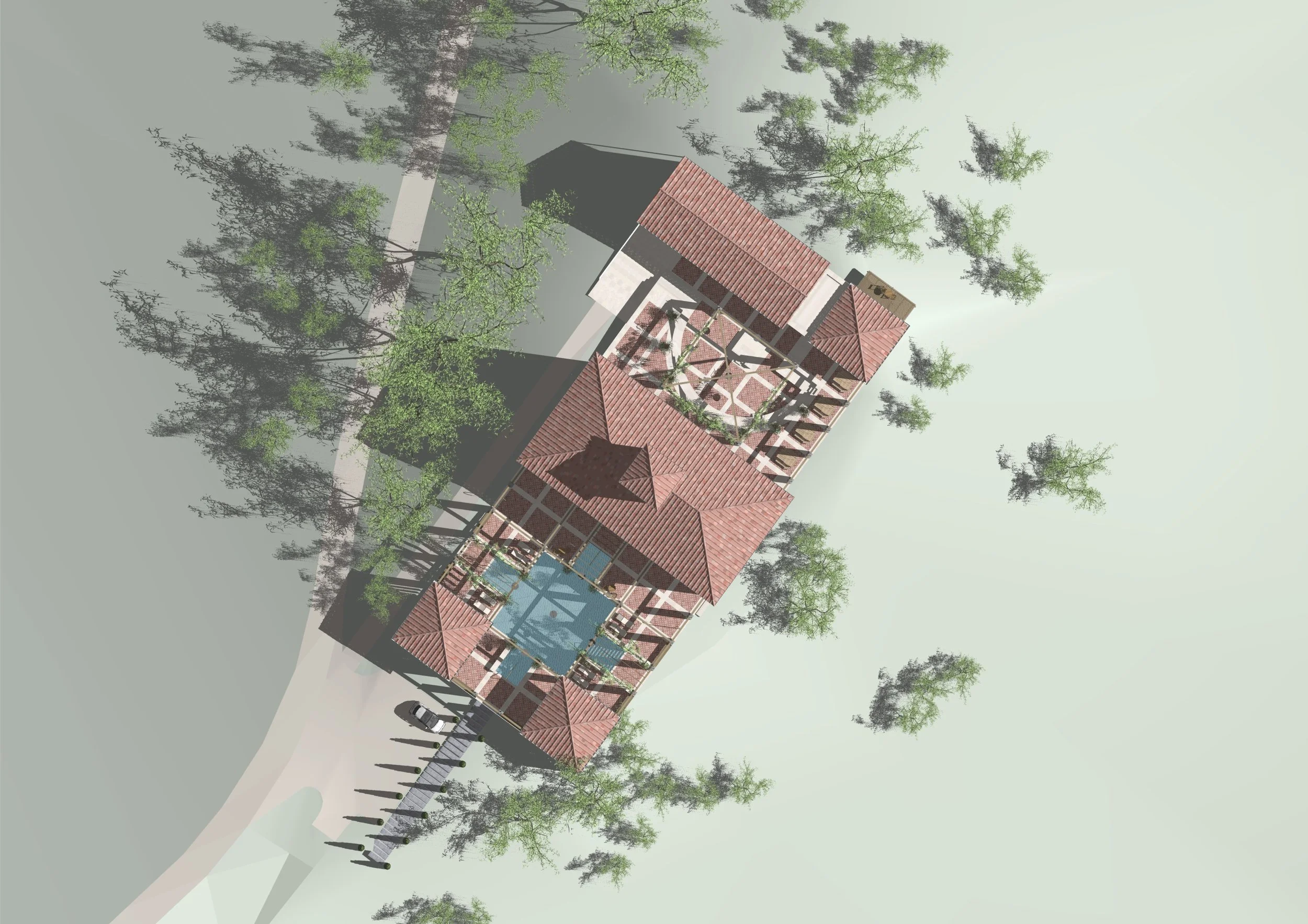 The the introduction of terraces forms a new context for the original house and outbuildings.