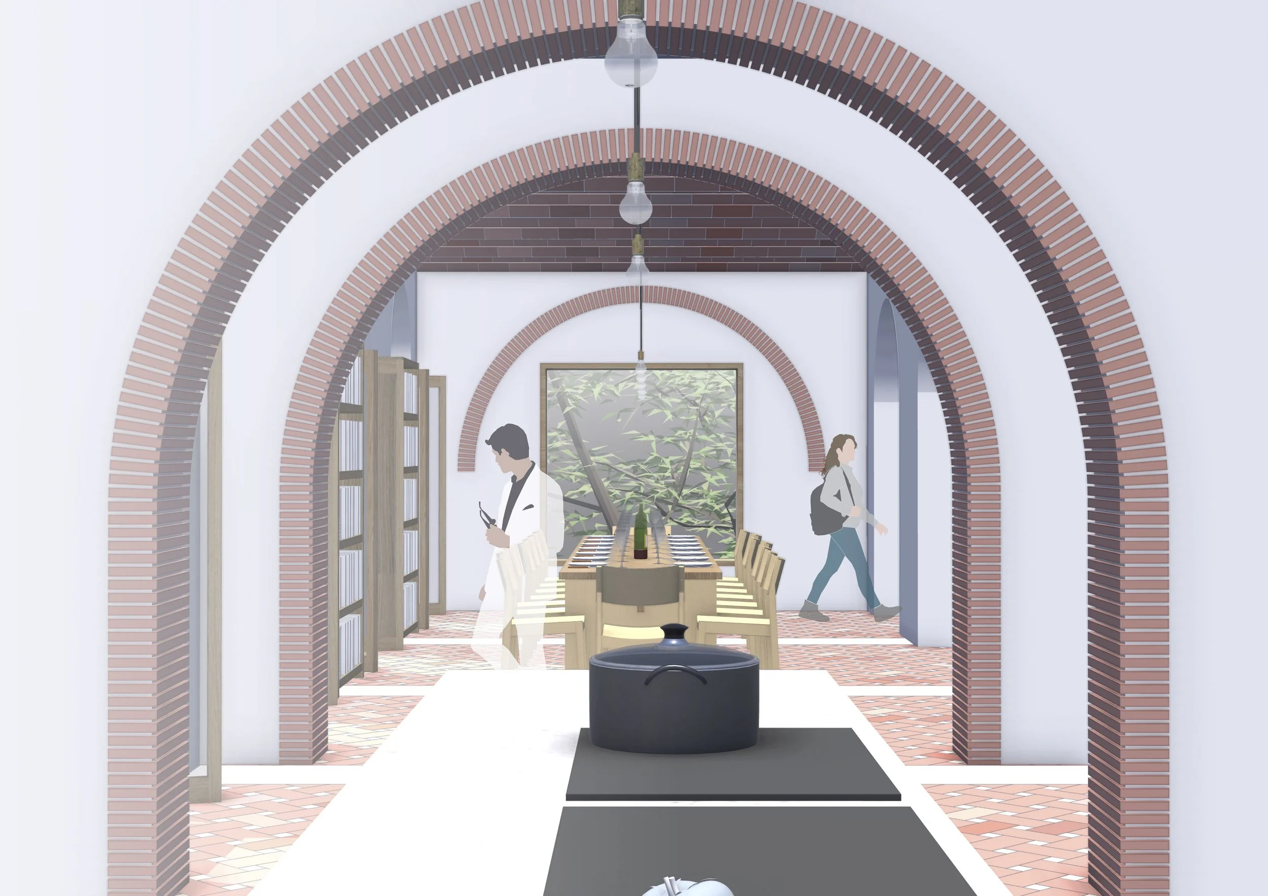 New arched openings link the kitchen and dining room areas along the south side of the house.