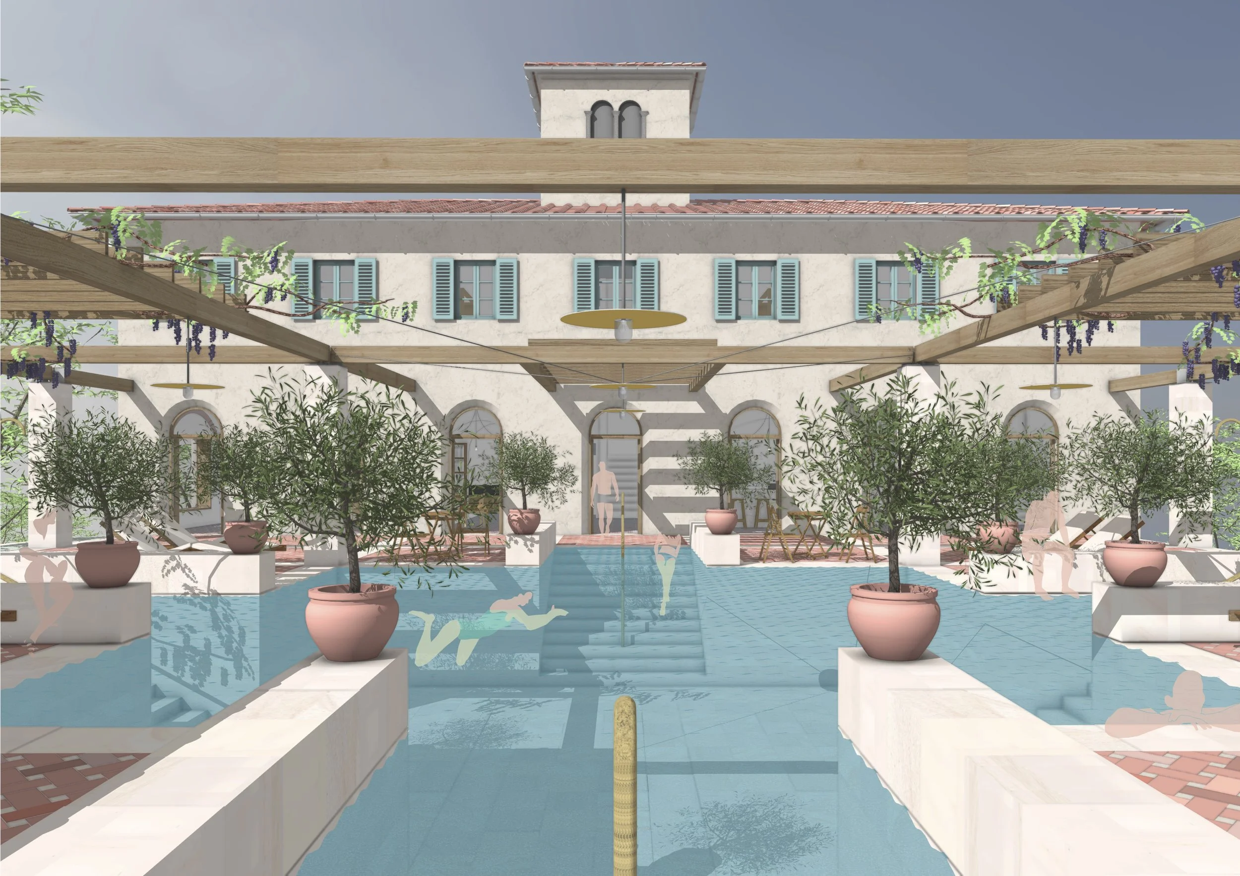 The plan of the pool borrows from the Villa Rotunda, with steps to four sides giving access to the pool.