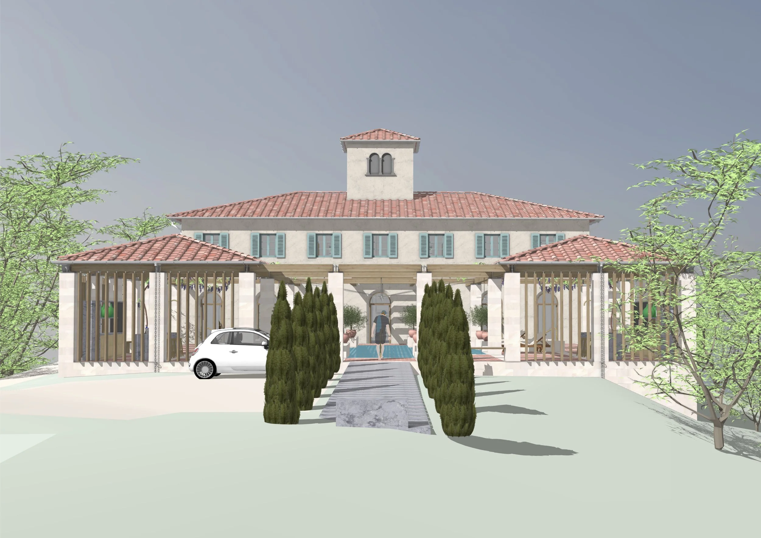 Entry to the terraces is on the axis of the house, emphasising the formality of the design.