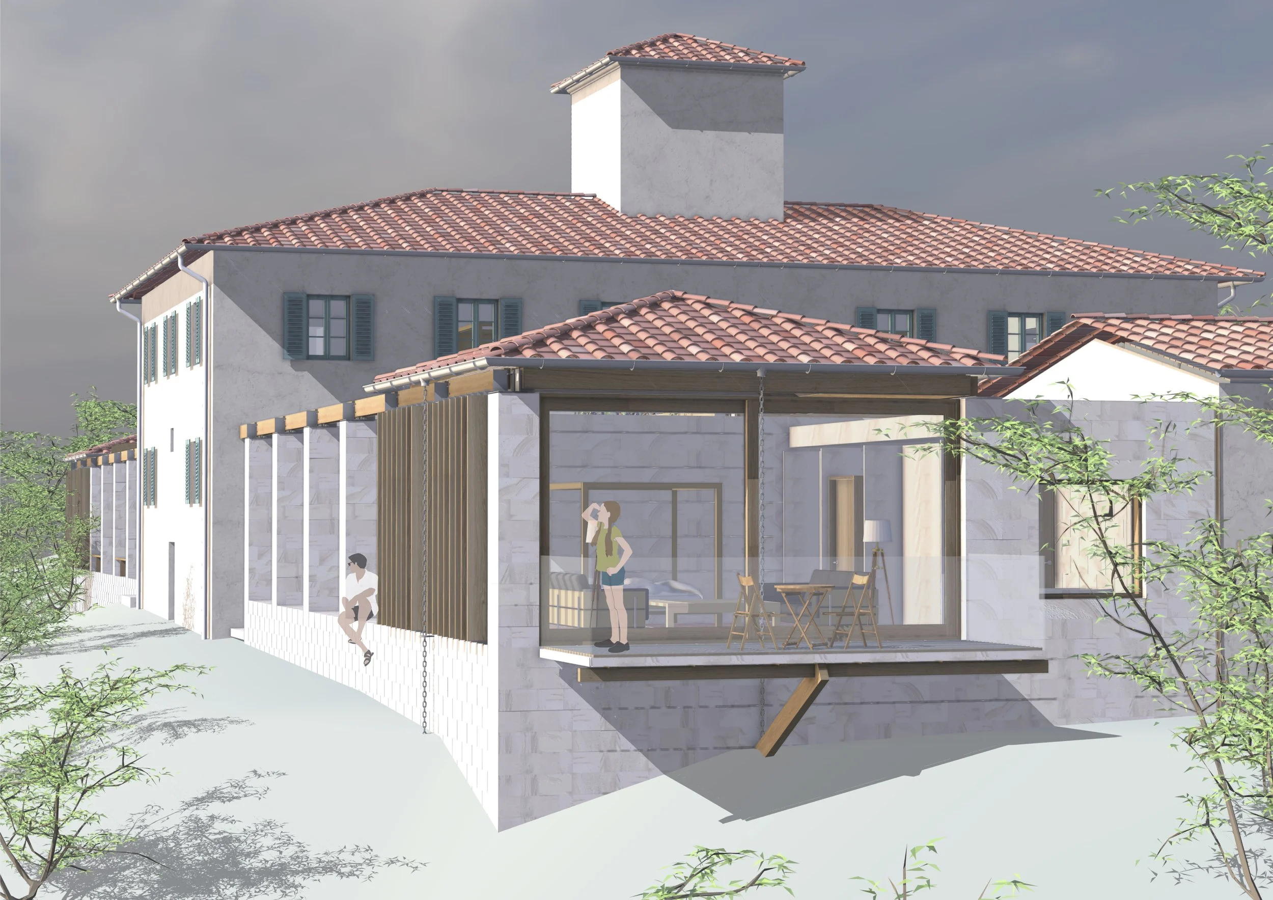 The north terrace pavilion forms guest suite accommodation.