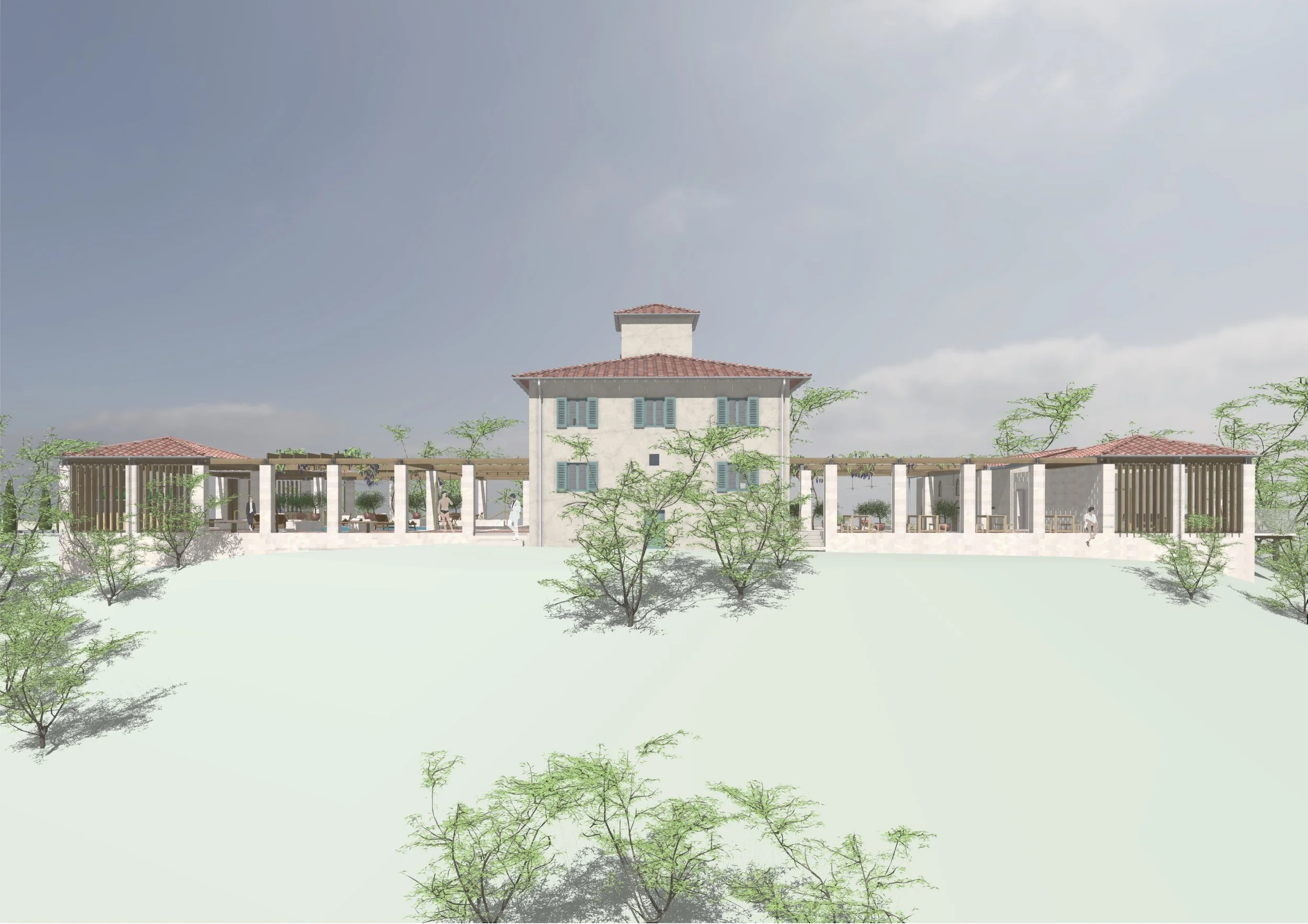Colonnades to north and south terraces form a symmetrical arrangement with the house.