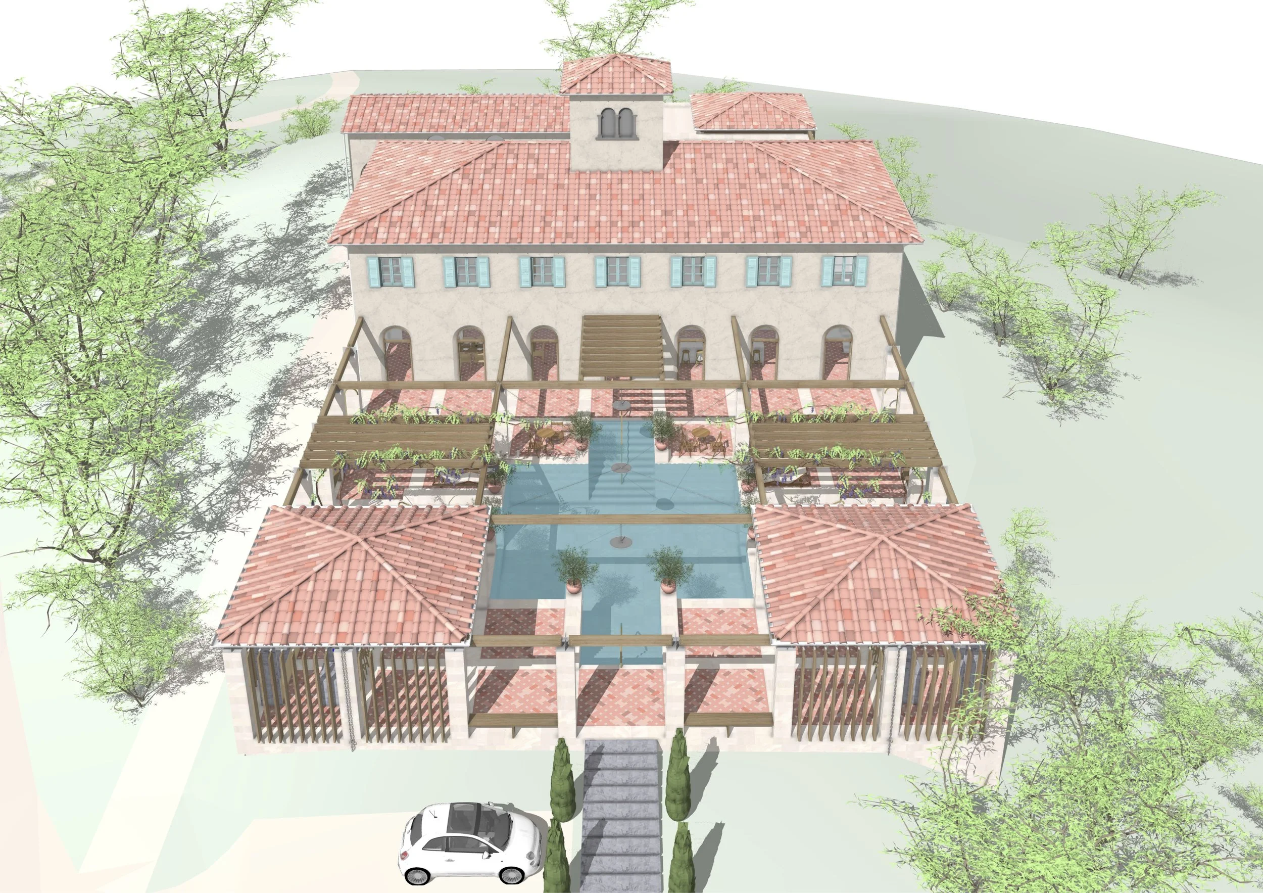 Corner pavilions flank terraces to the north and south of the house.