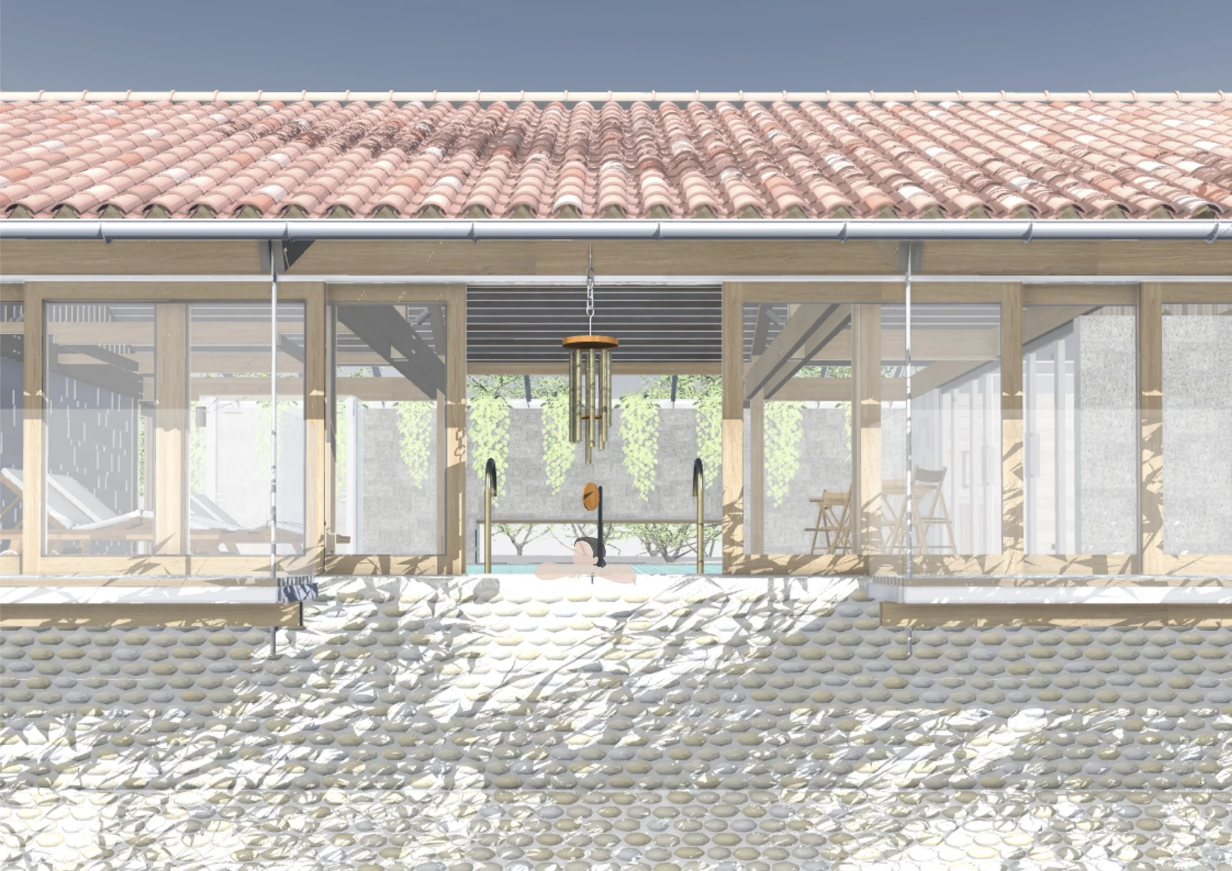A series of glazed doors opens the spa building to nature of the river Vez.