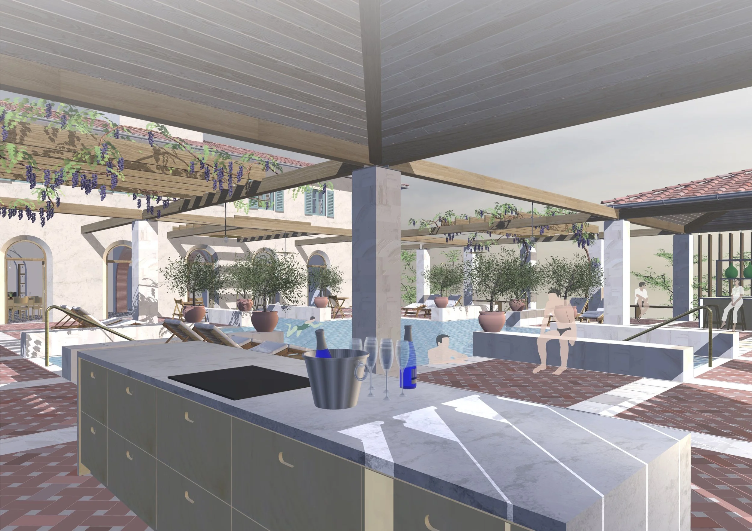South terrace pavilions support poolside living.