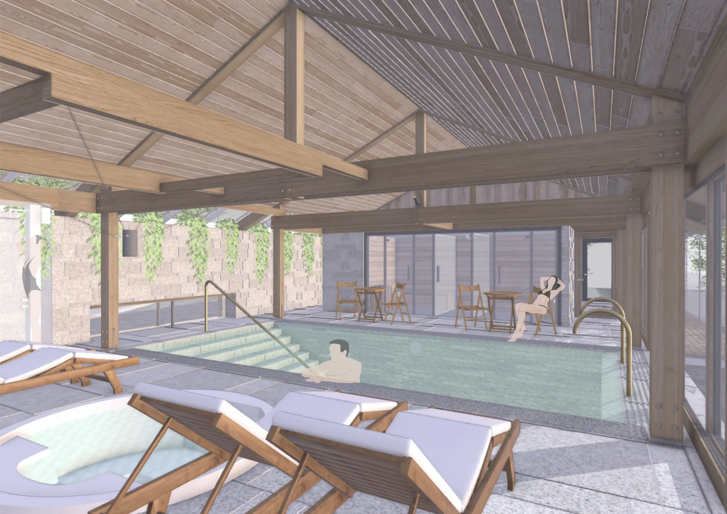 The jacuzzi is set to the side of the pool.