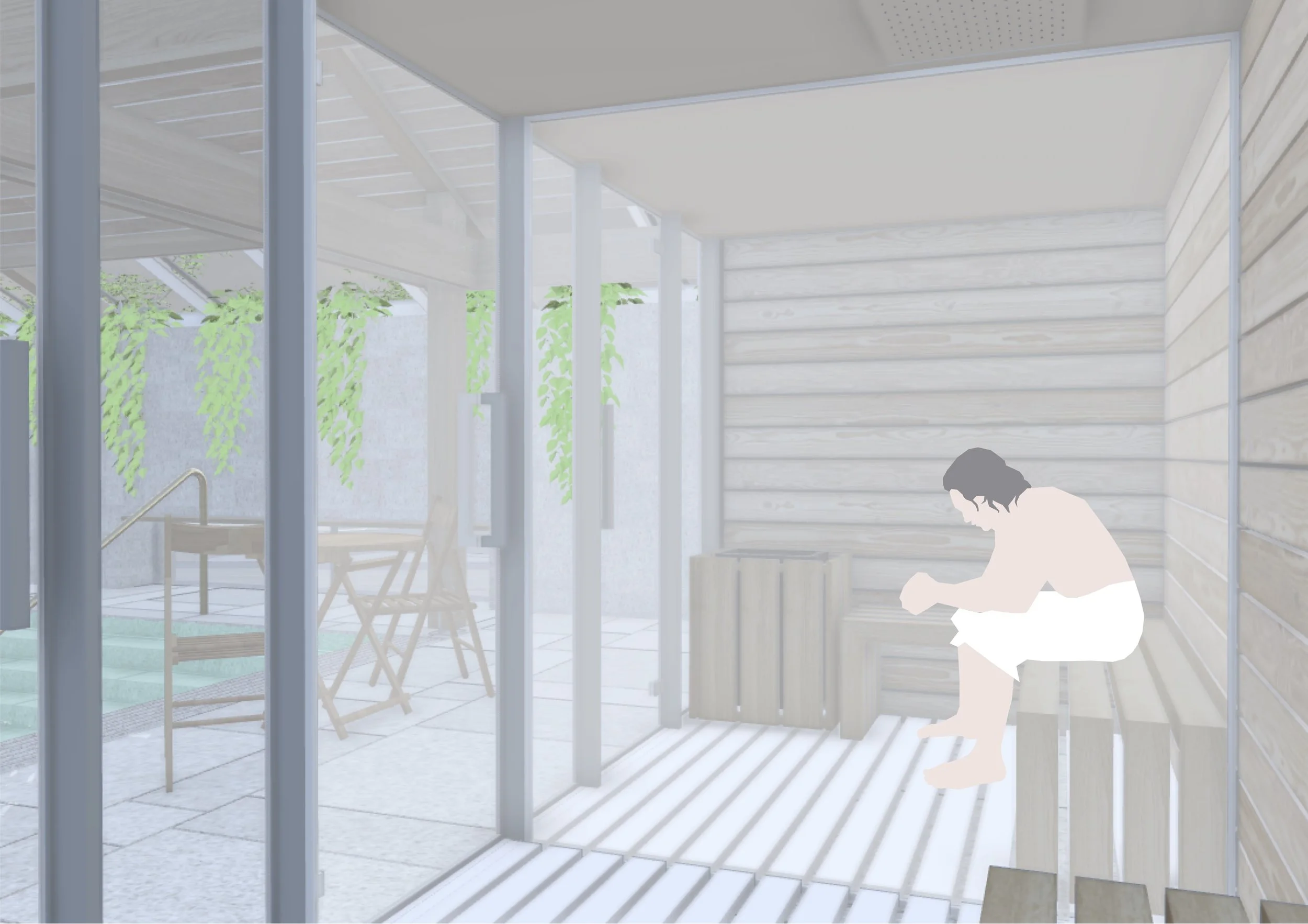 Sauna and steam room are set to the other side of the pool.