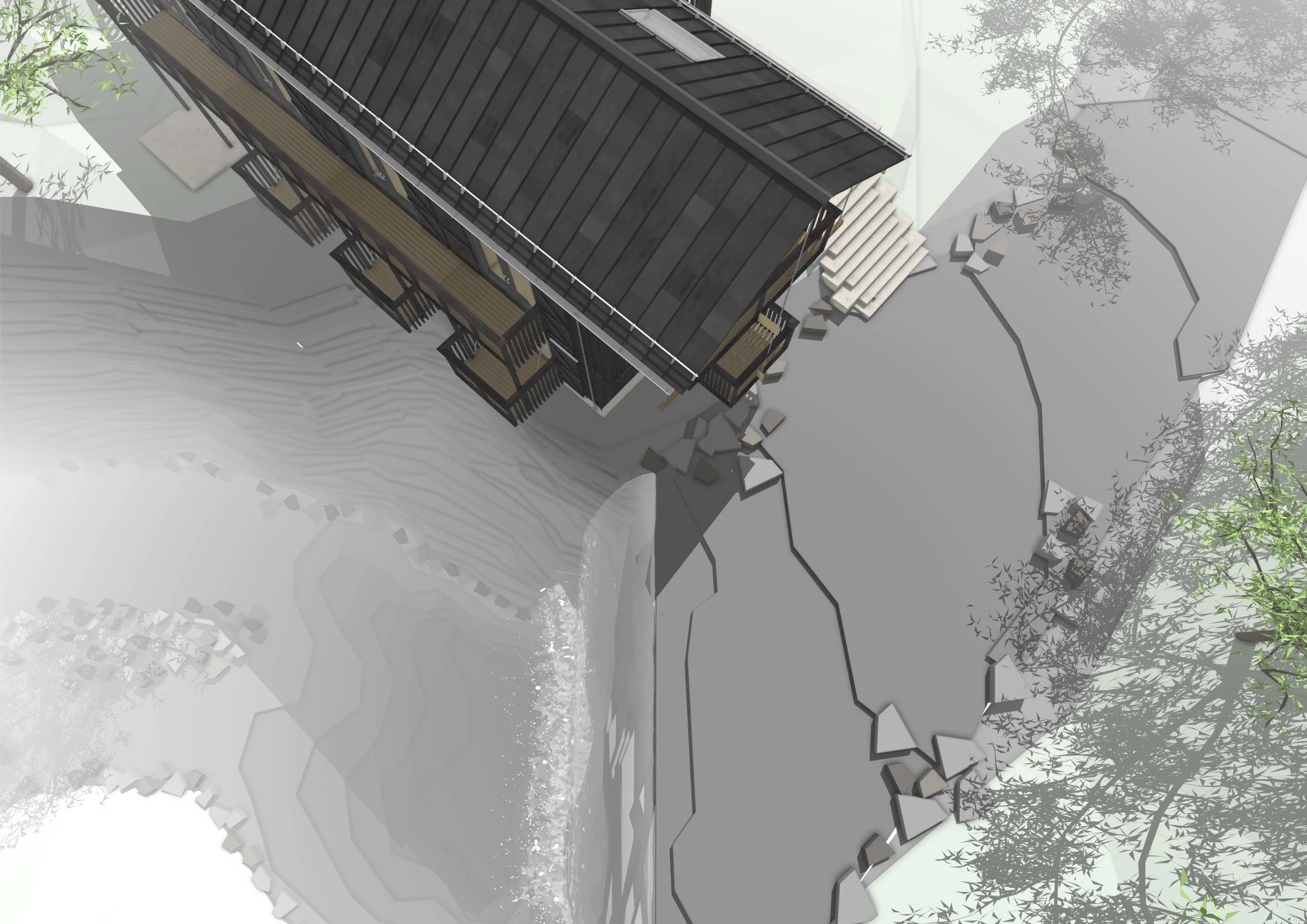 The house sits on the corner of the Falls, at the point where the Run pivots on the level change.